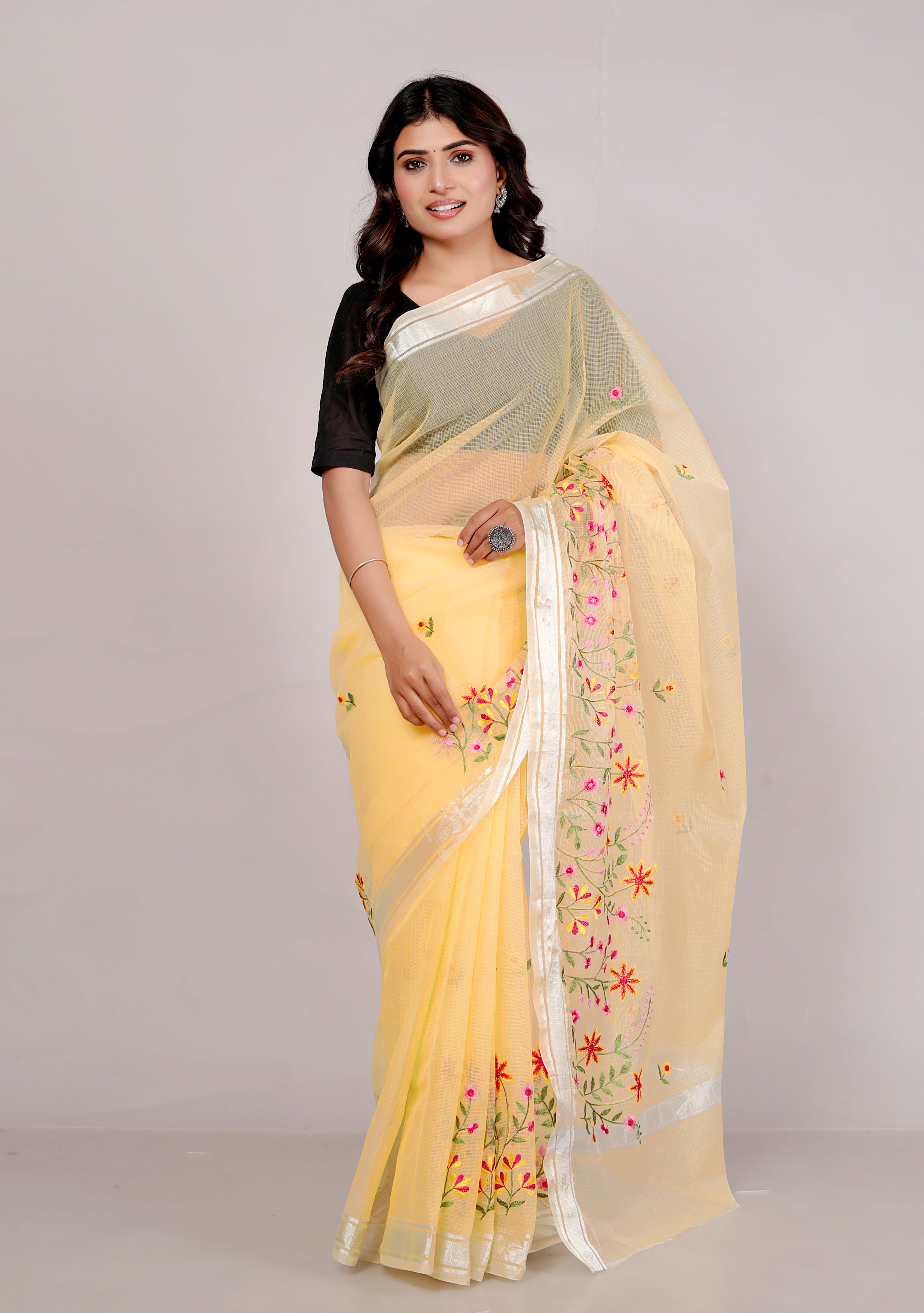 RAJGLOBAL Self Design Embroidered Kota Doria Cotton Blend Saree with Unstitched Blouse yellow red