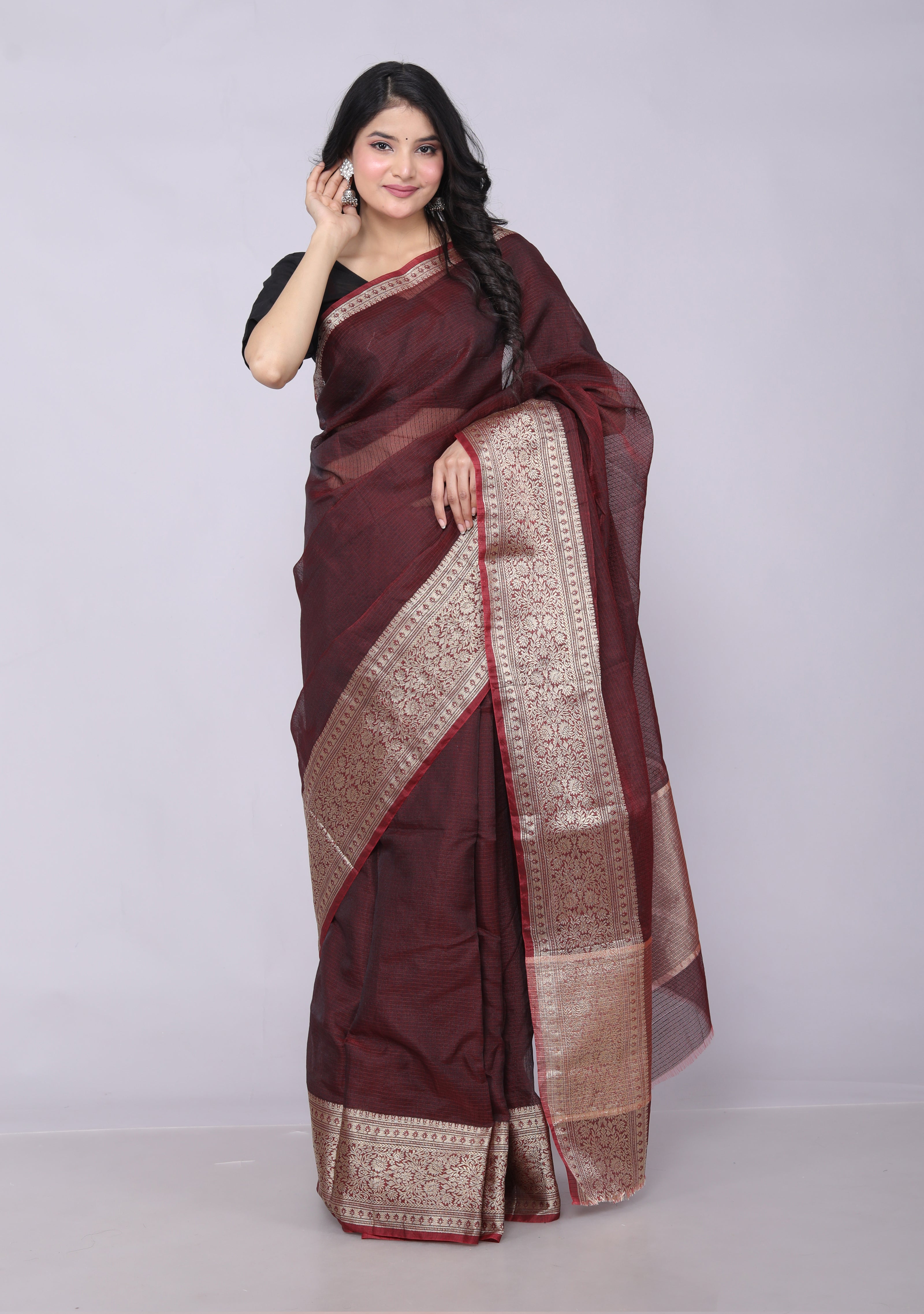 RAJGLOBAL Kota Doria Broad Zari Cotton Blend Saree with Unstitched Blouse coffee