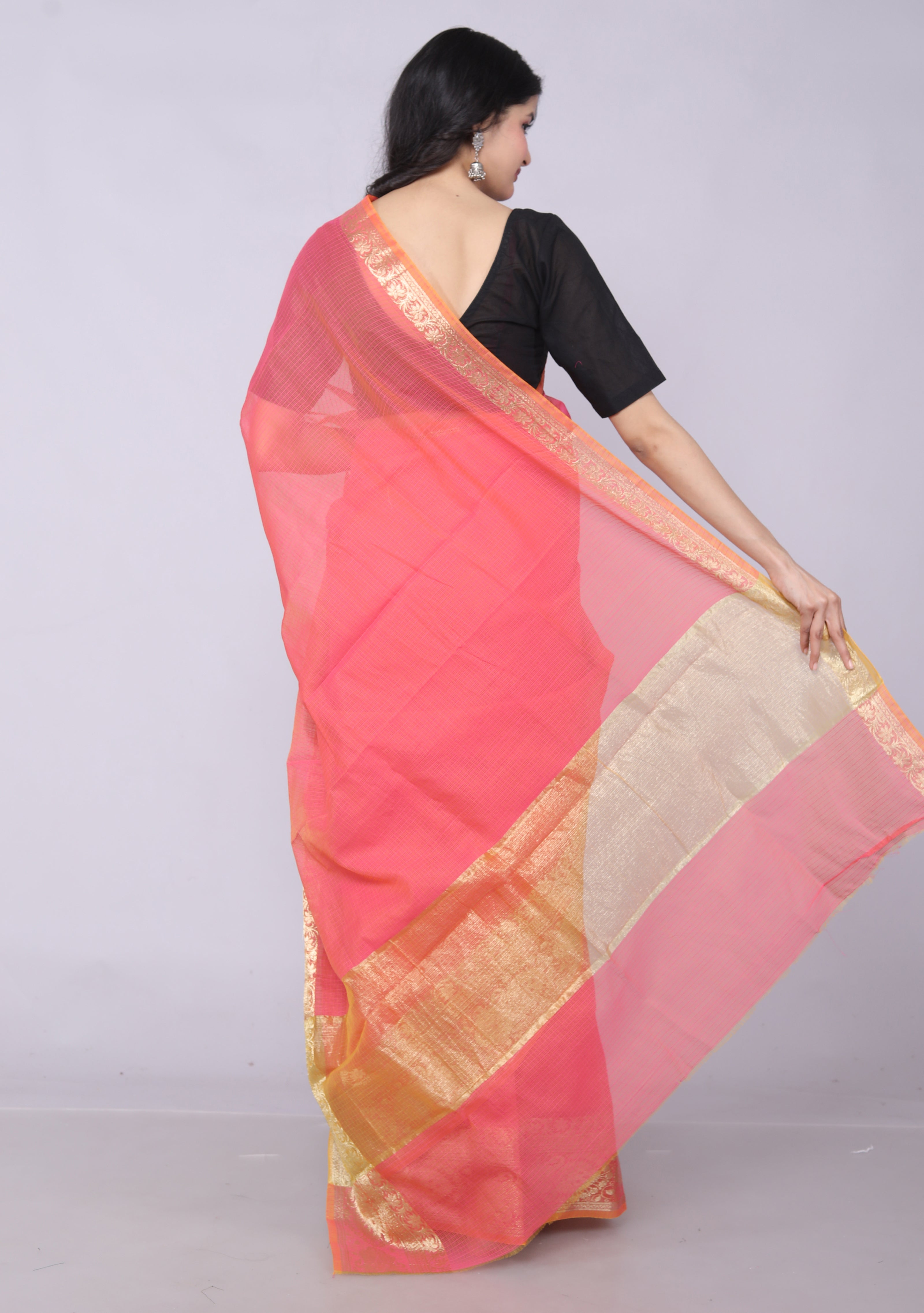 RAJGLOBAL Kota Doria Broad Zari Cotton Blend Saree with Unstitched Blouse Peach