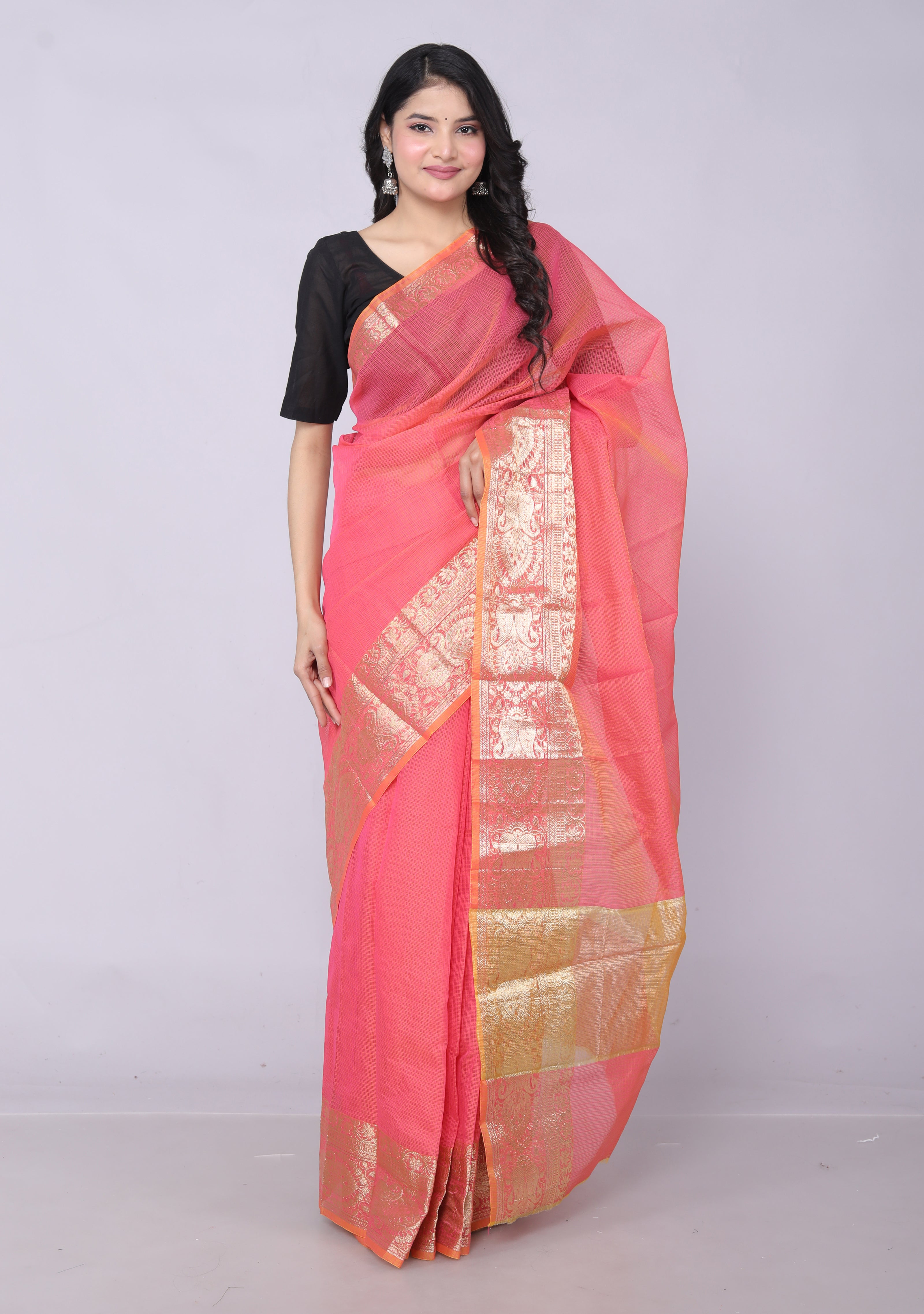 RAJGLOBAL Kota Doria Broad Zari Cotton Blend Saree with Unstitched Blouse Yellow