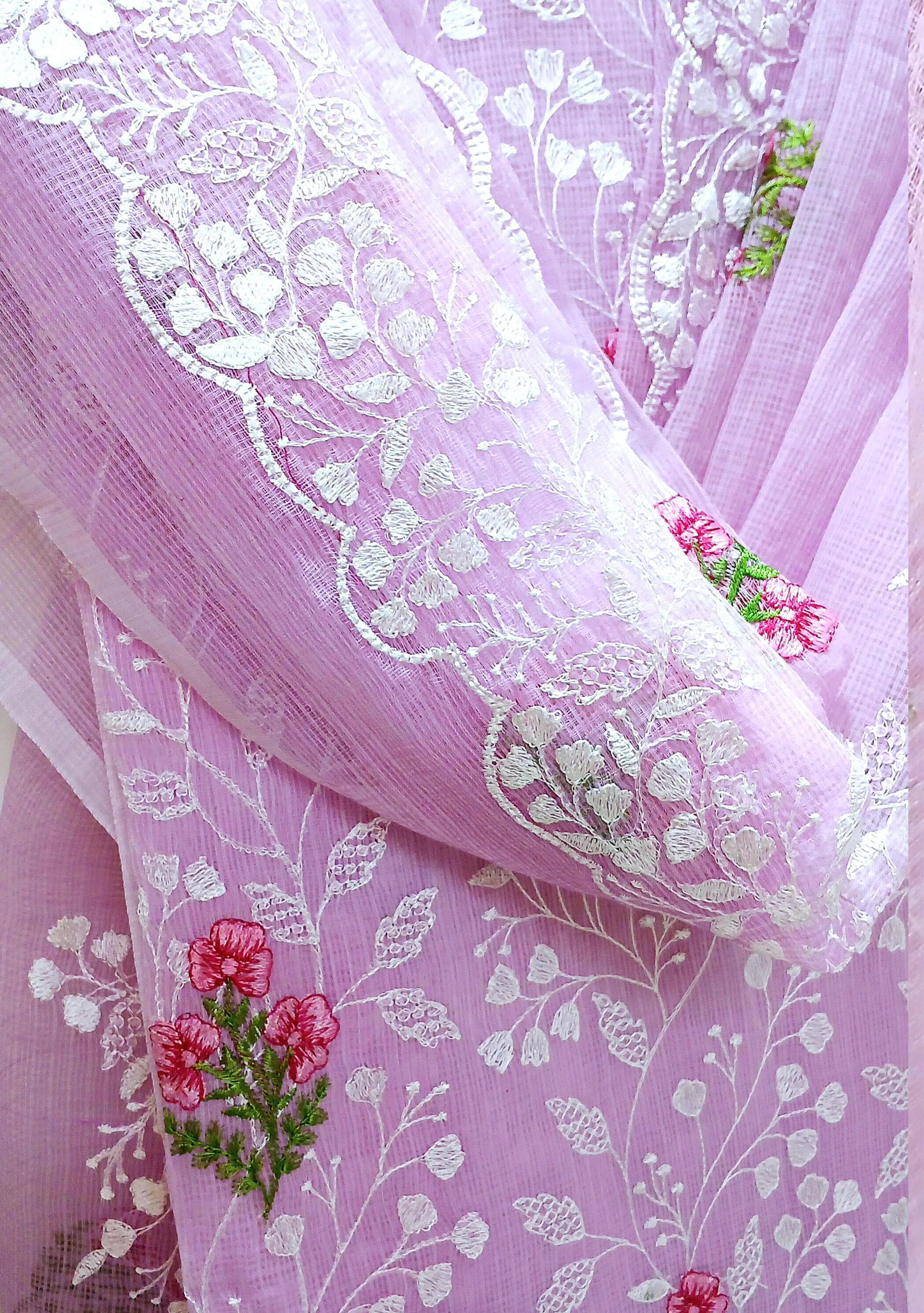 RAJGLOBAL Kota Doria Cotton Blend Suit, Designer Embroidered, 2.5 Metre Top with Dupatta, Pink