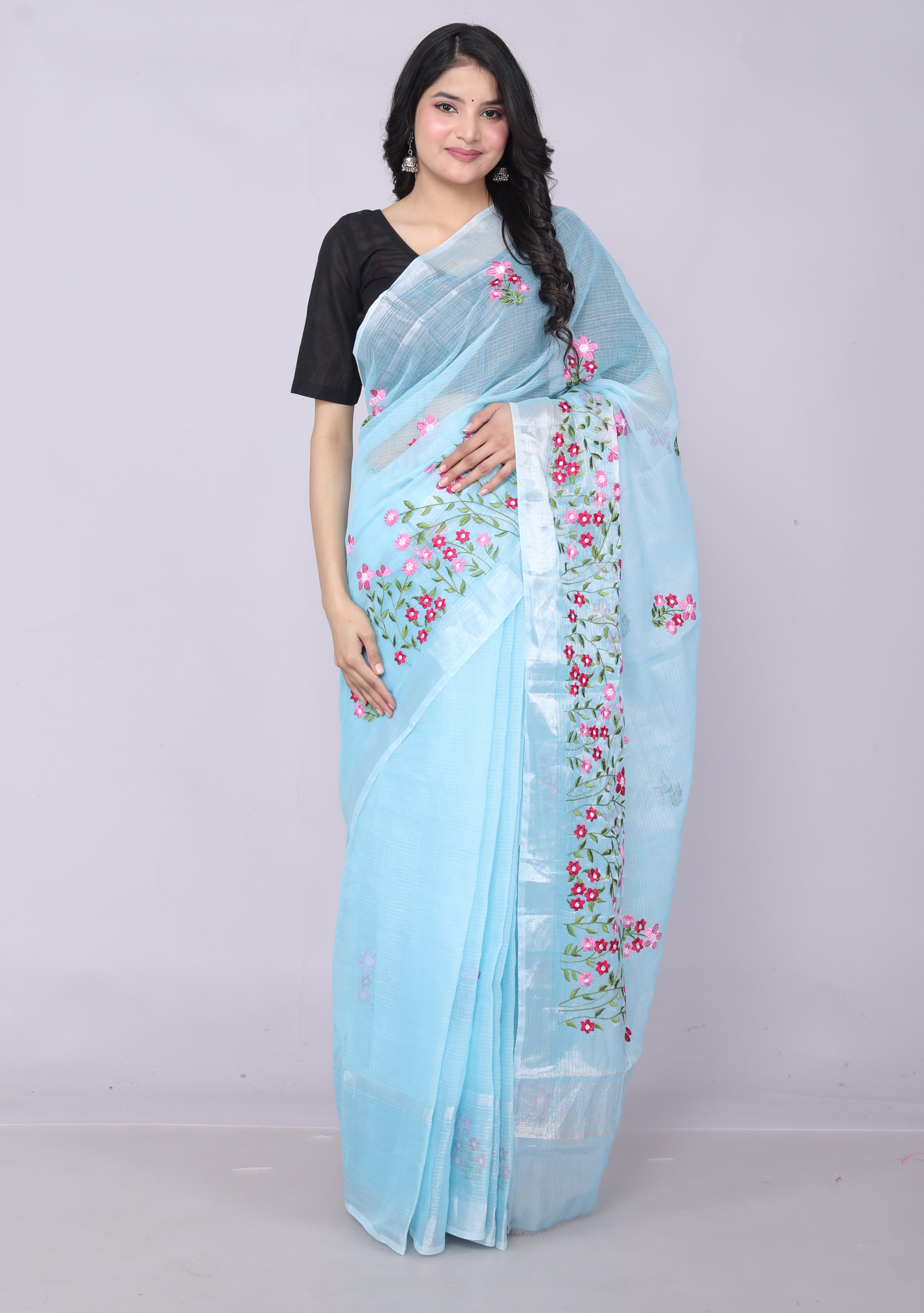 RAJGLOBAL Self Design Embroidered Kota Doria Cotton Blend Saree with Unstitched Blouse skyblue design 11