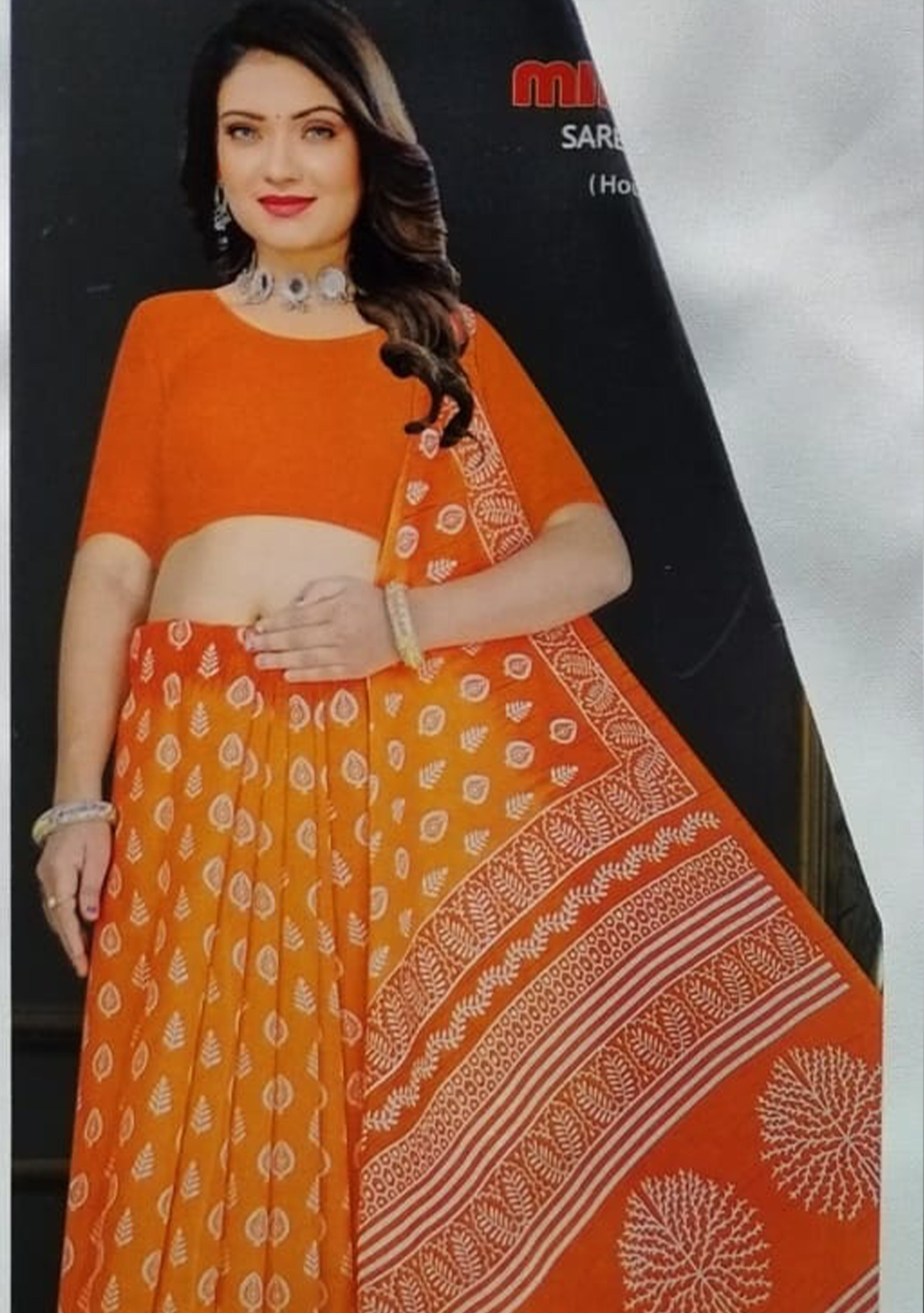 RAJGLOBAL Cotton Blend Printed Saree Orange