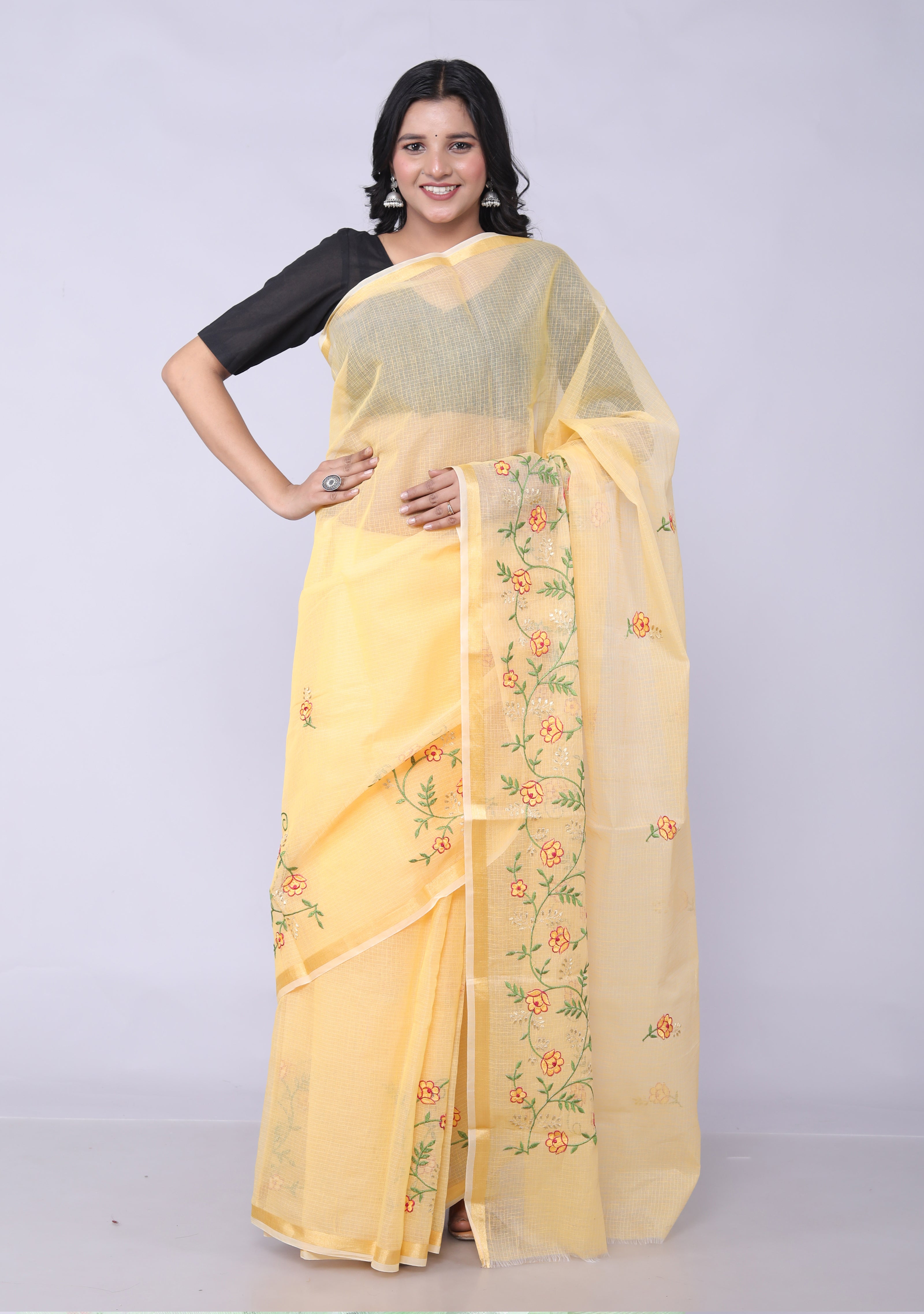 RAJGLOBAL Self Design Embroidered Kota Doria Cotton Blend Saree with Unstitched Blouse light yellow