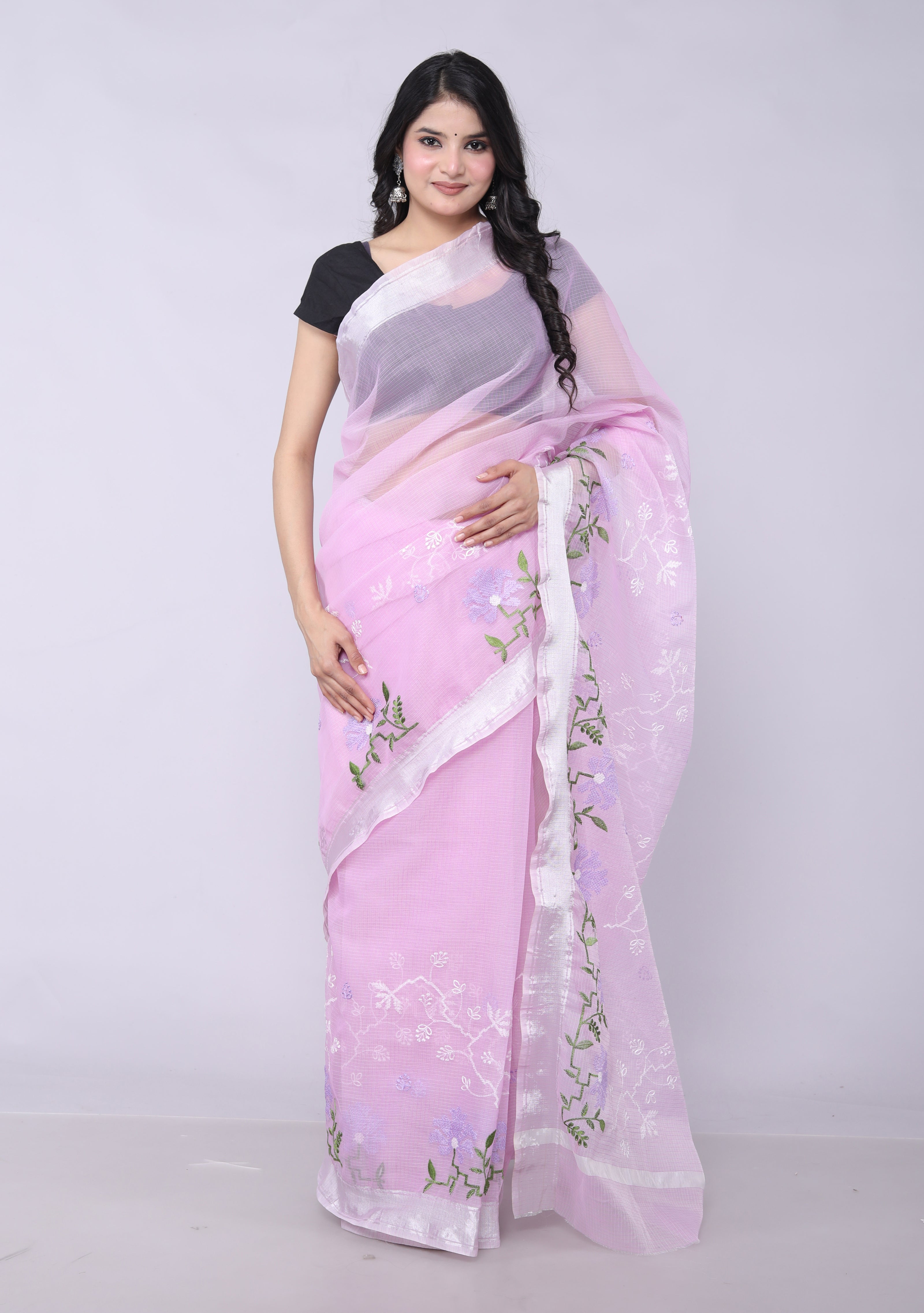 RAJGLOBAL Self Design Embroidered Kota Doria Cotton Blend Saree with Unstitched Blouse pink design 2