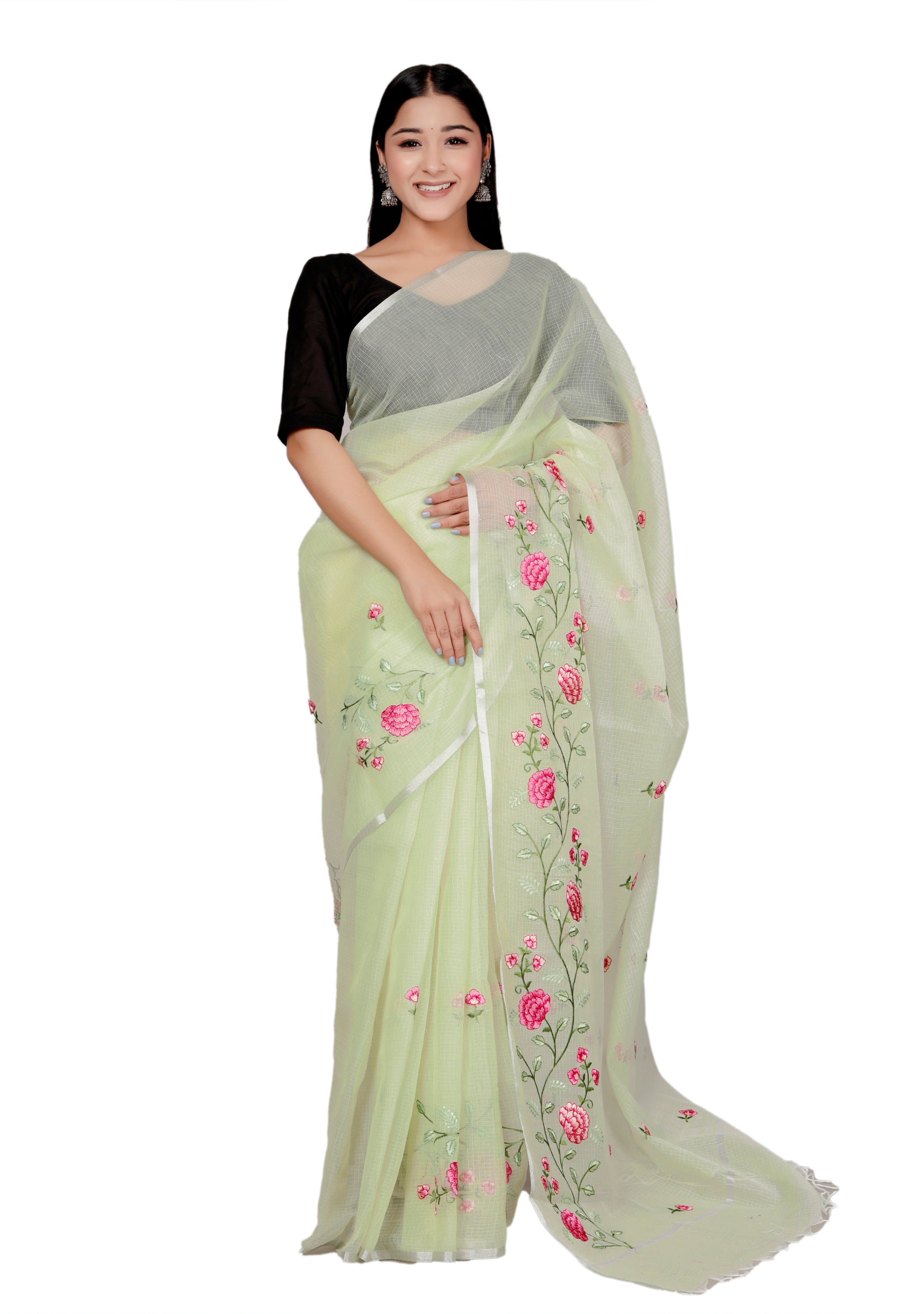 RAJGLOBAL Self Design Embroidered Kota Doria Cotton Blend Saree with Unstitched Blouse pista green