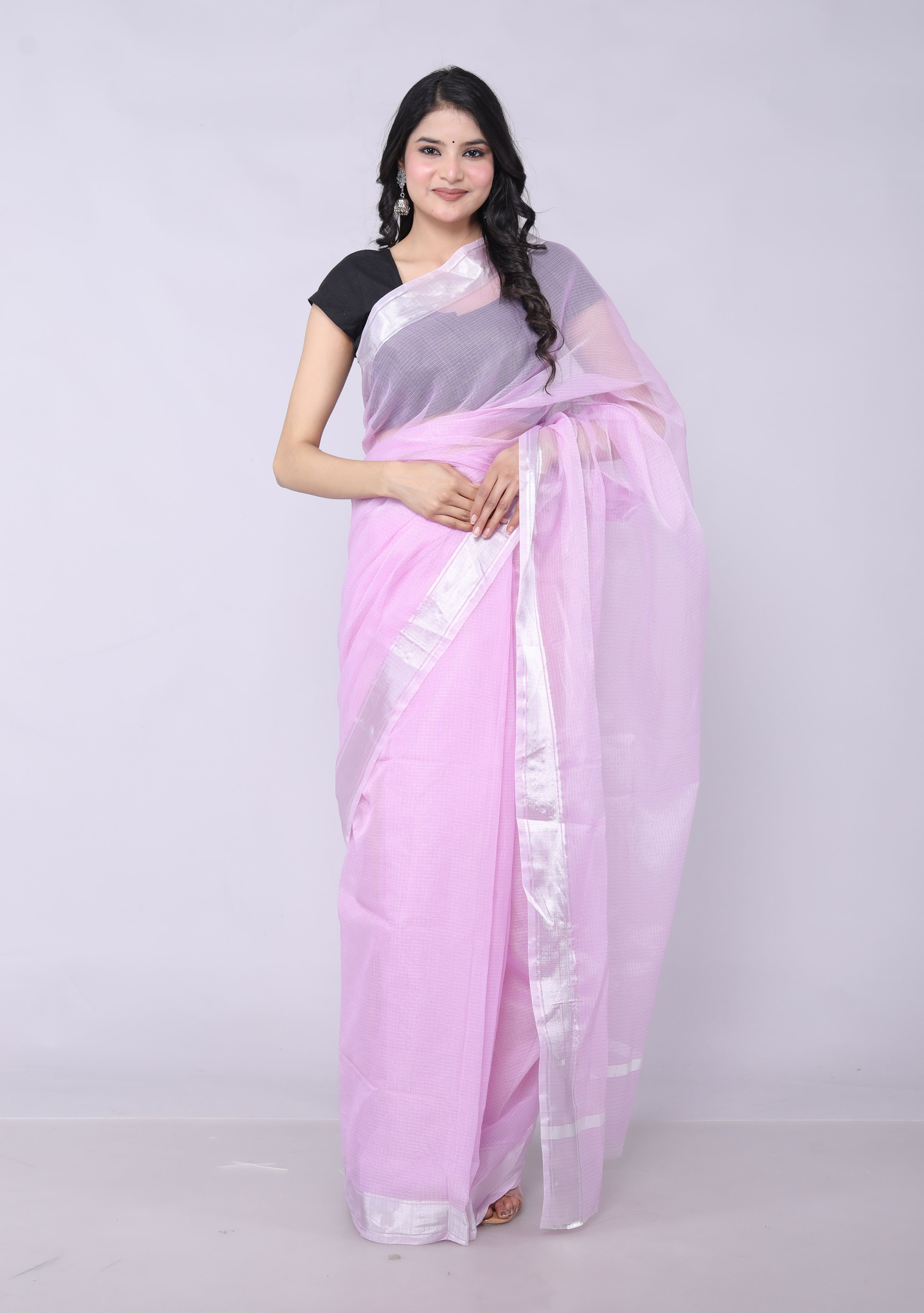 RAJGLOBAL Kota Doria Broad Zari Cotton Blend Saree with Unstitched Blouse Rani Colour