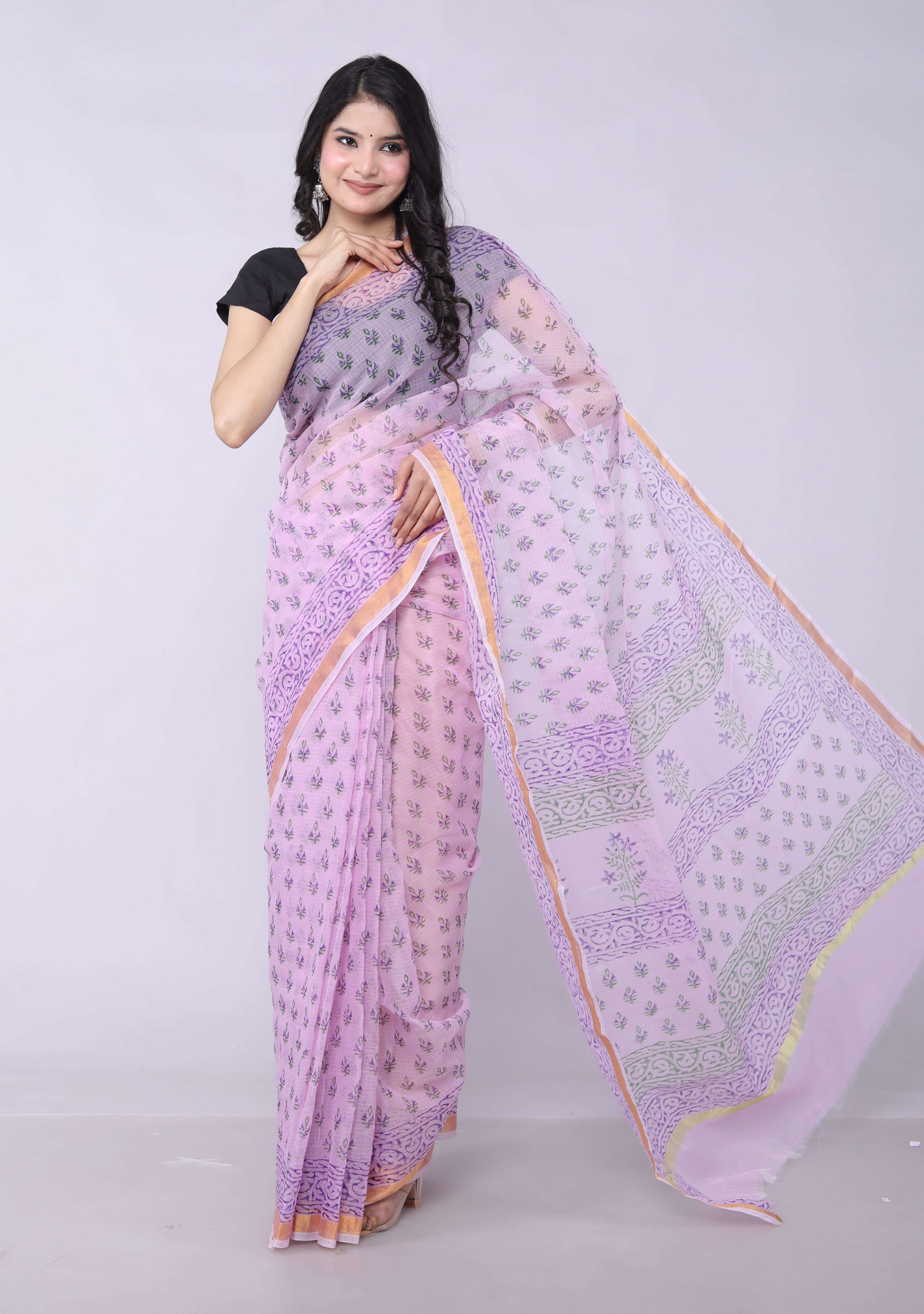 RAJGLOBAL Kota Doria Broad Zari Cotton Blend Saree with Unstitched Blouse Red