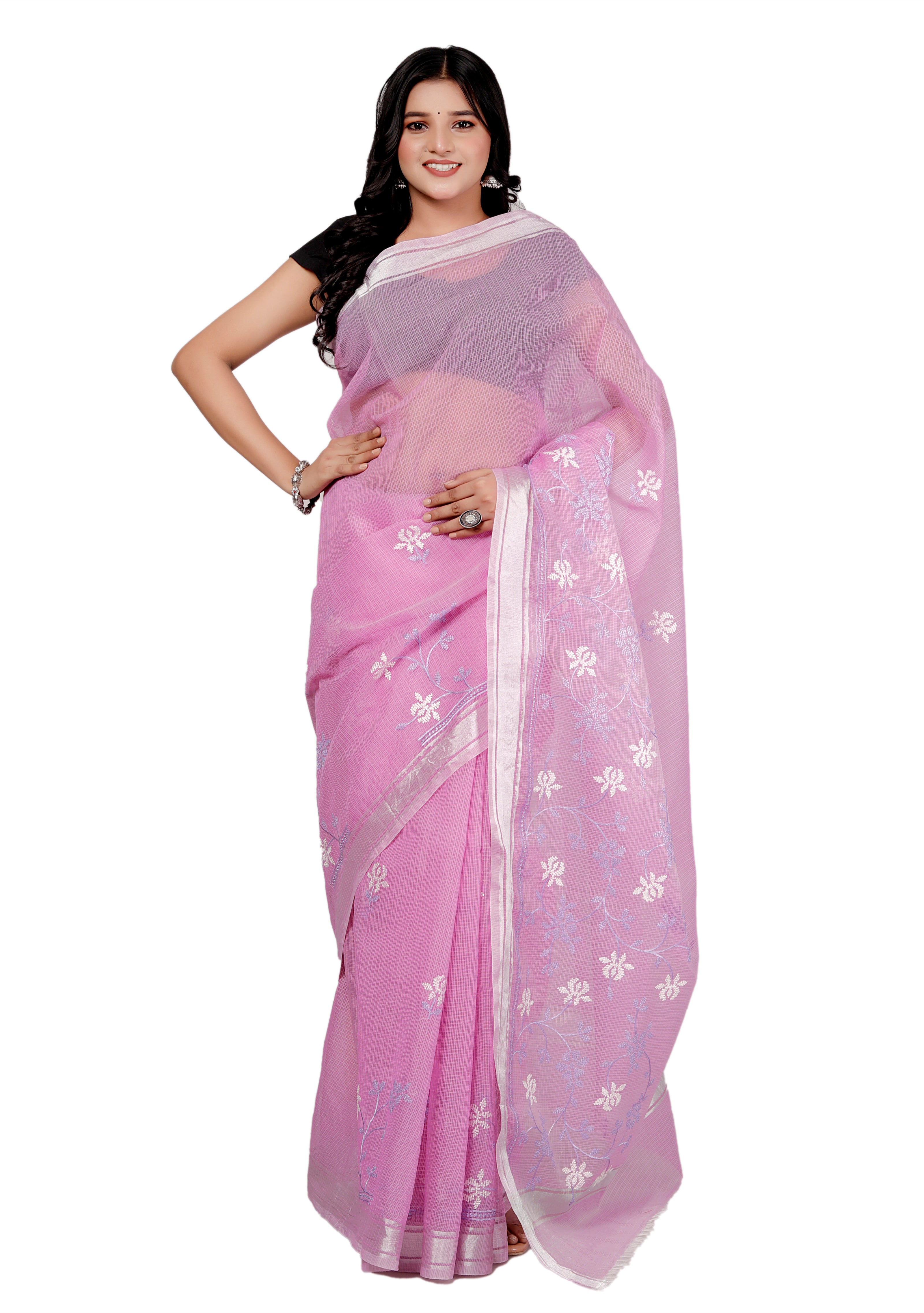 RAJGLOBAL Self Design Embroidered Kota Doria Cotton Blend Saree with Unstitched Blouse purple