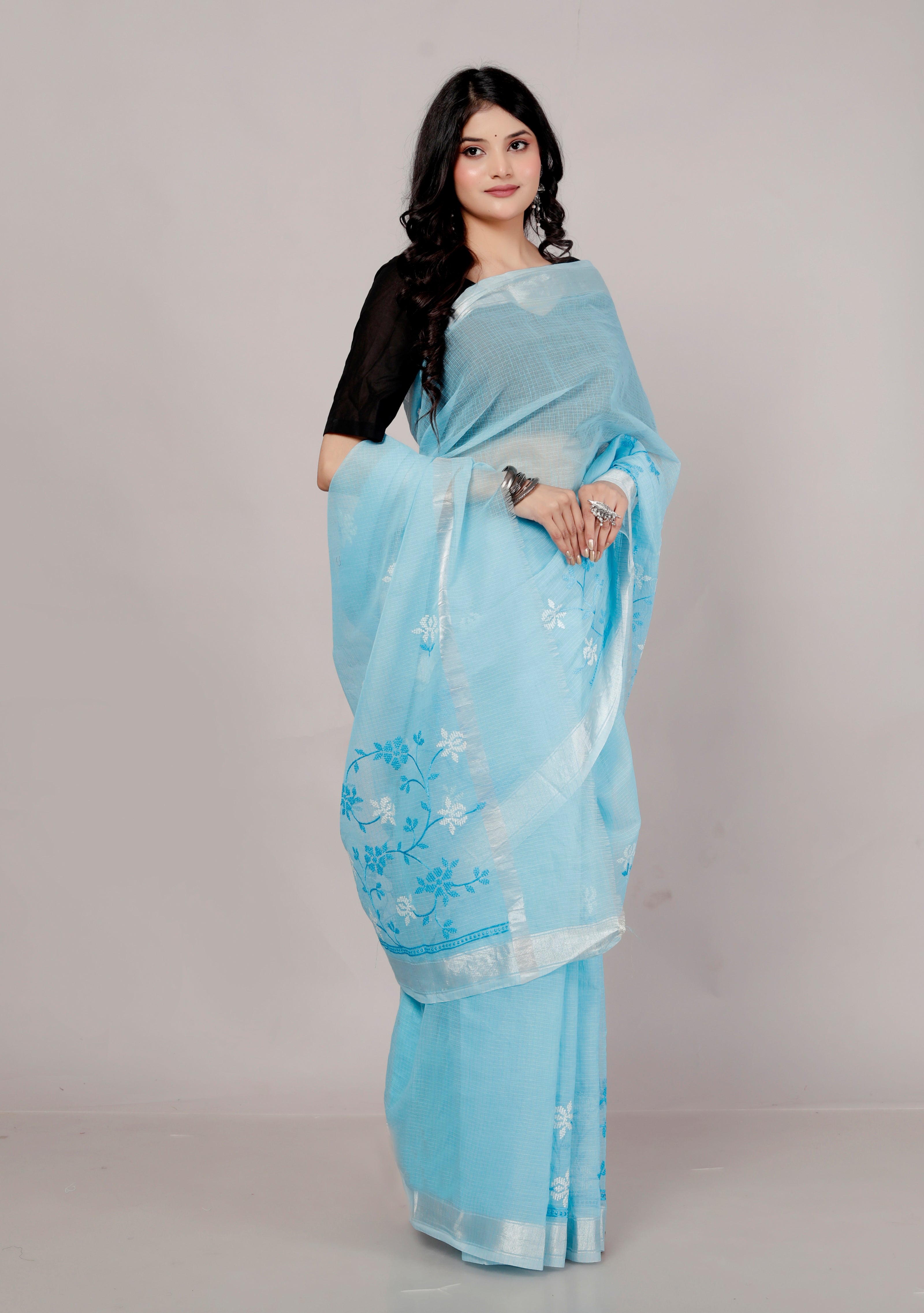 RAJGLOBAL Self Design Embroidered Kota Doria Cotton Blend Saree with Unstitched Blouse blue_55