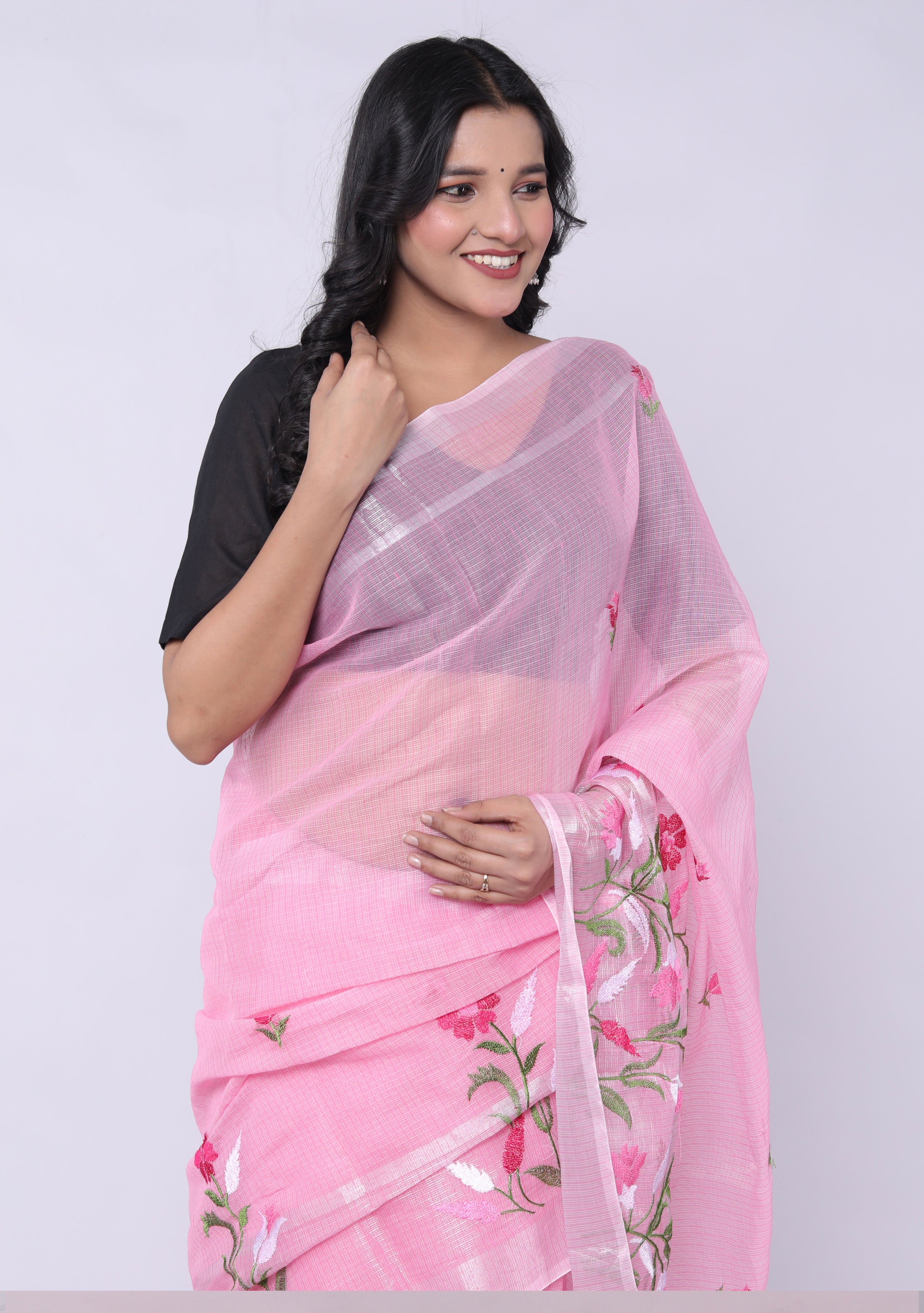 RAJGLOBAL Self Design Embroidered Kota Doria Cotton Blend Saree with Unstitched Blouse