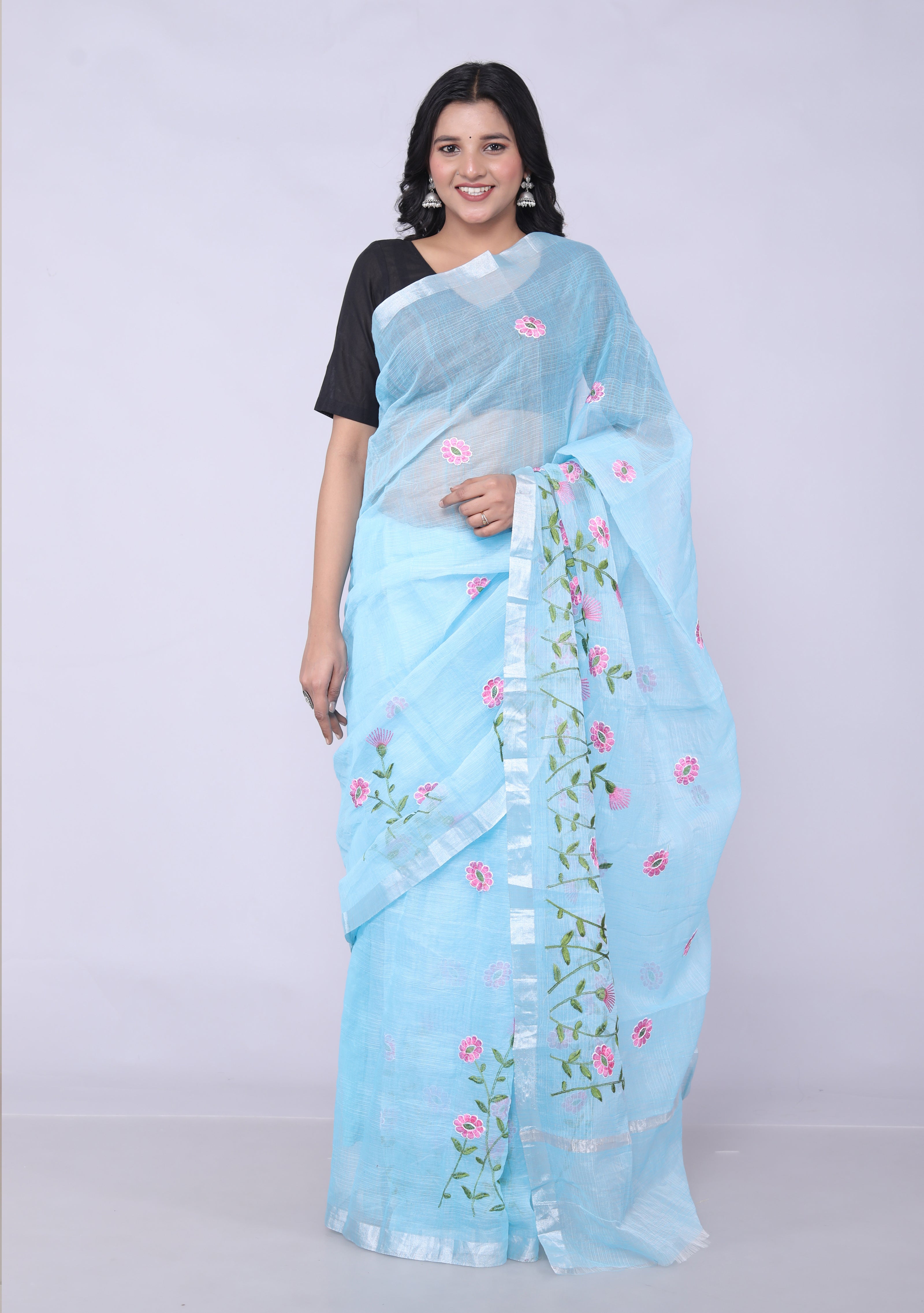 RAJGLOBAL Self Design Embroidered Kota Doria Cotton Blend Saree with Unstitched Blouse light yellow