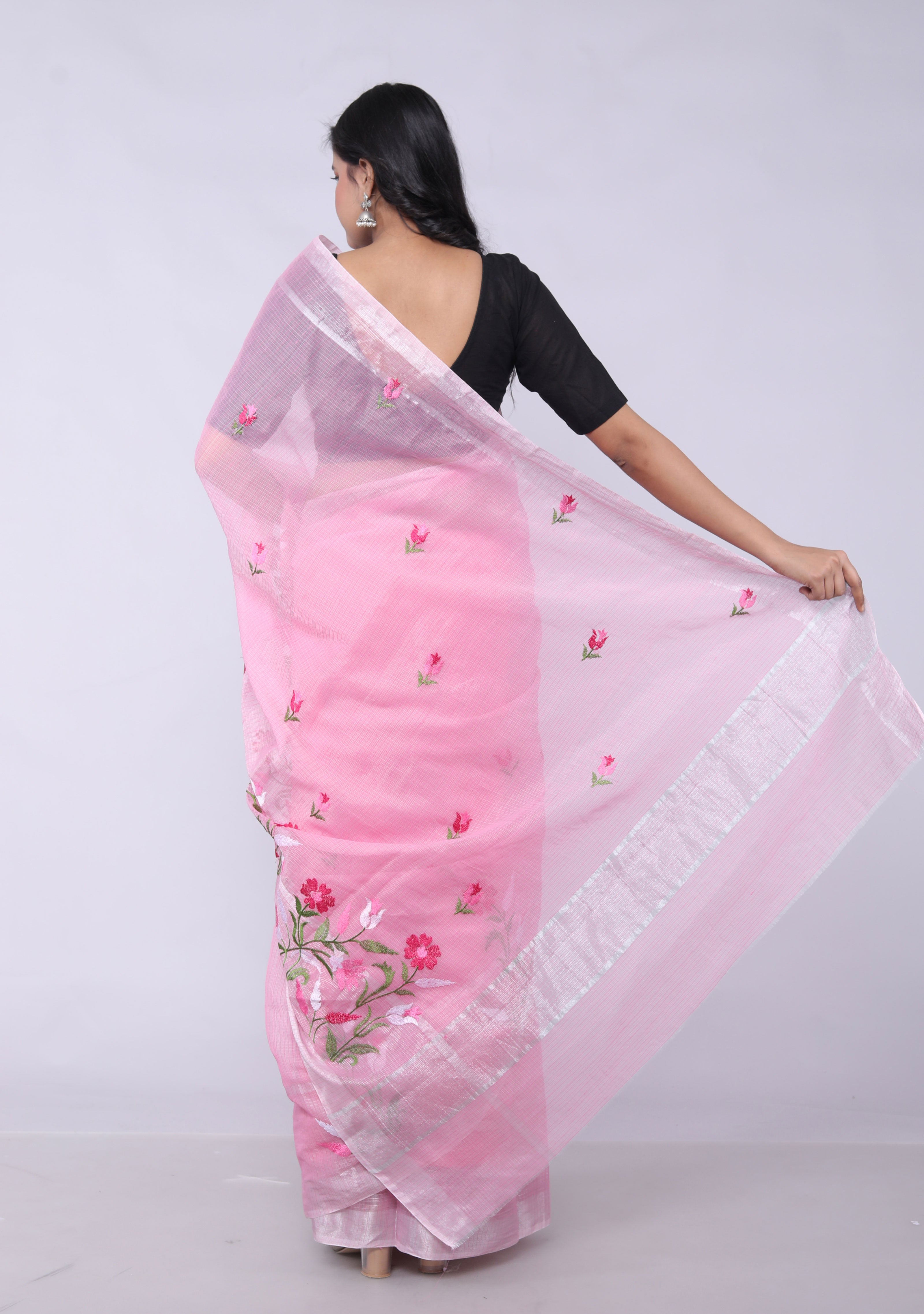 RAJGLOBAL Self Design Embroidered Kota Doria Cotton Blend Saree with Unstitched Blouse