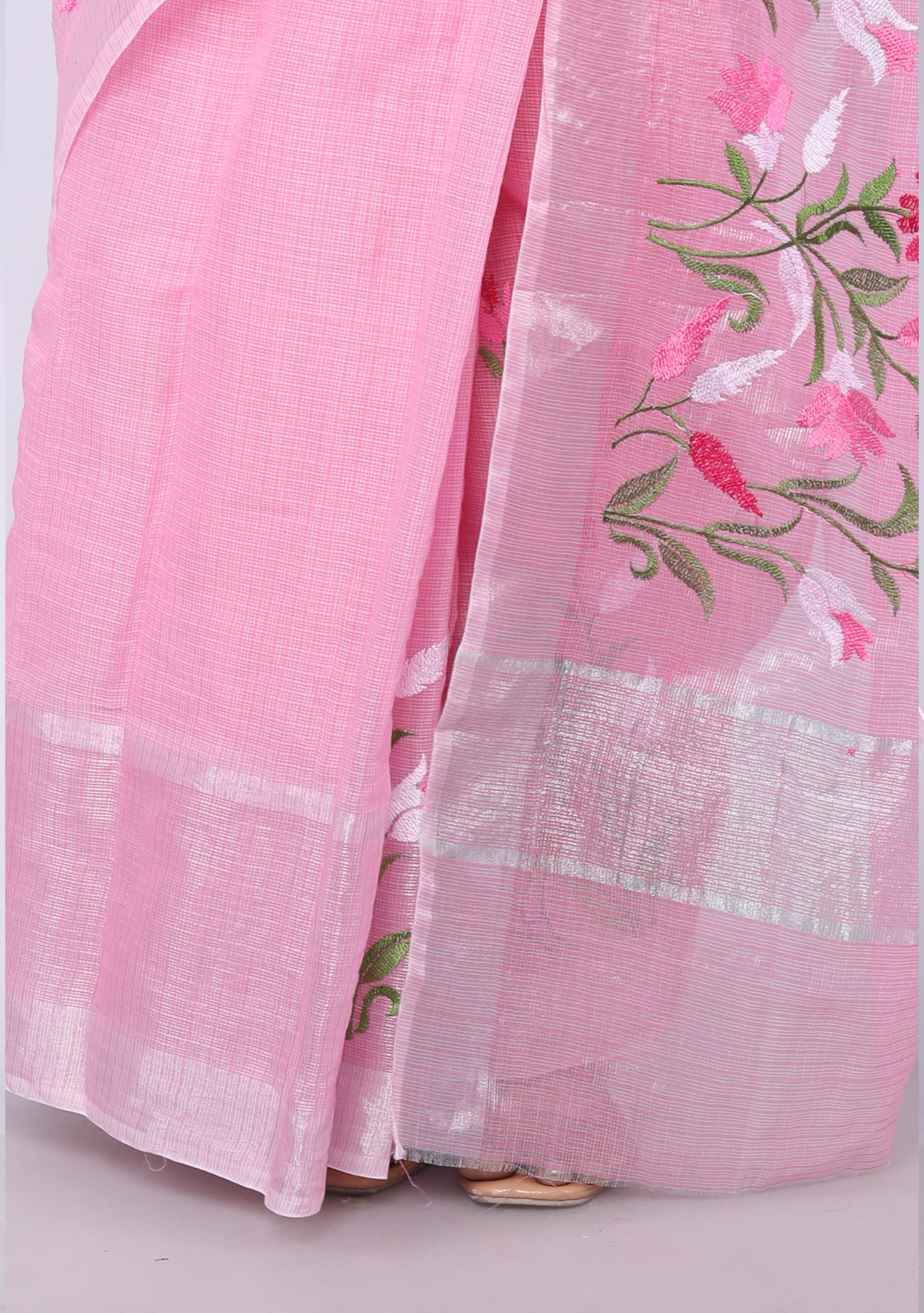 RAJGLOBAL Self Design Embroidered Kota Doria Cotton Blend Saree with Unstitched Blouse