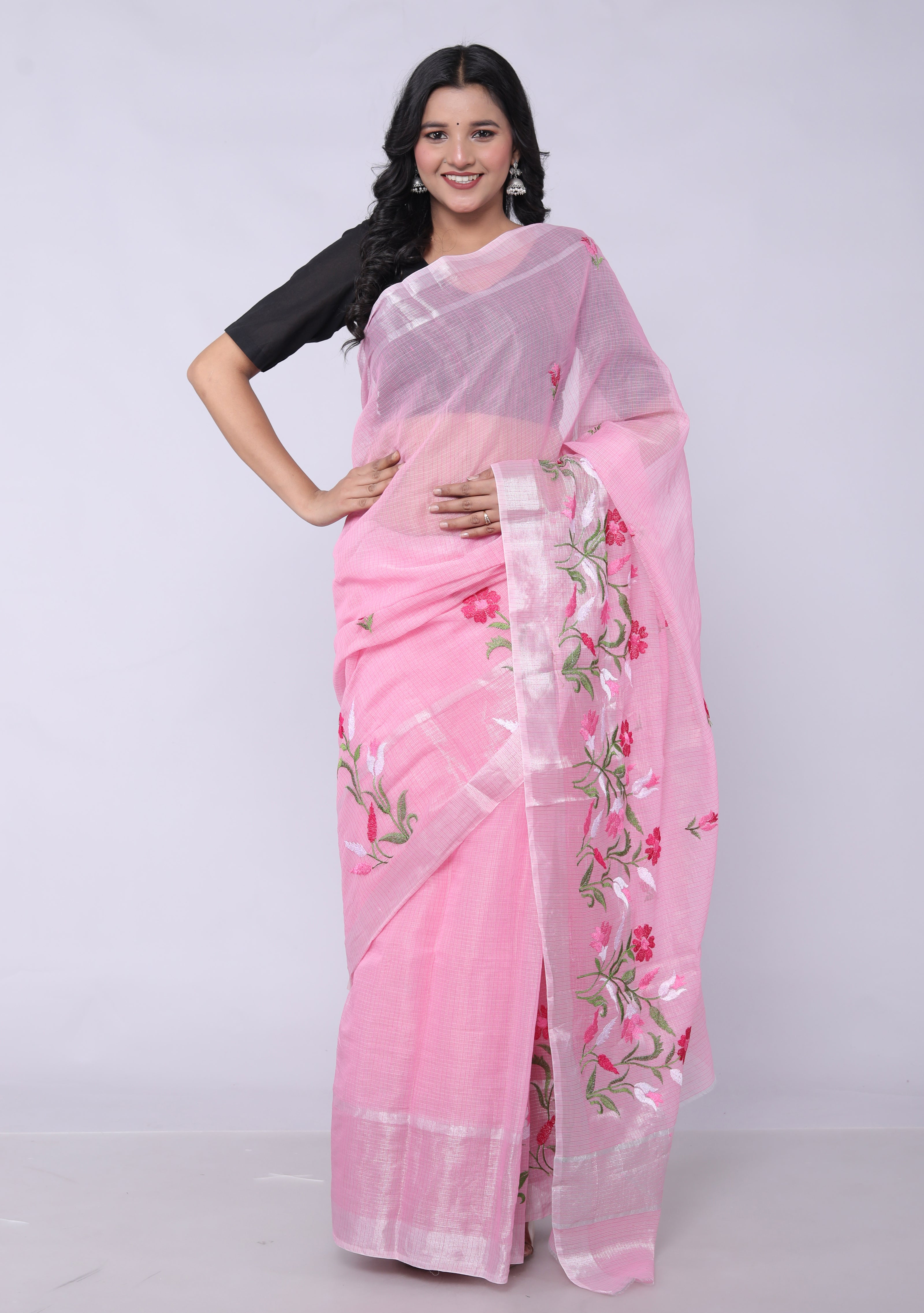 RAJGLOBAL Self Design Embroidered Kota Doria Cotton Blend Saree with Unstitched Blouse light green