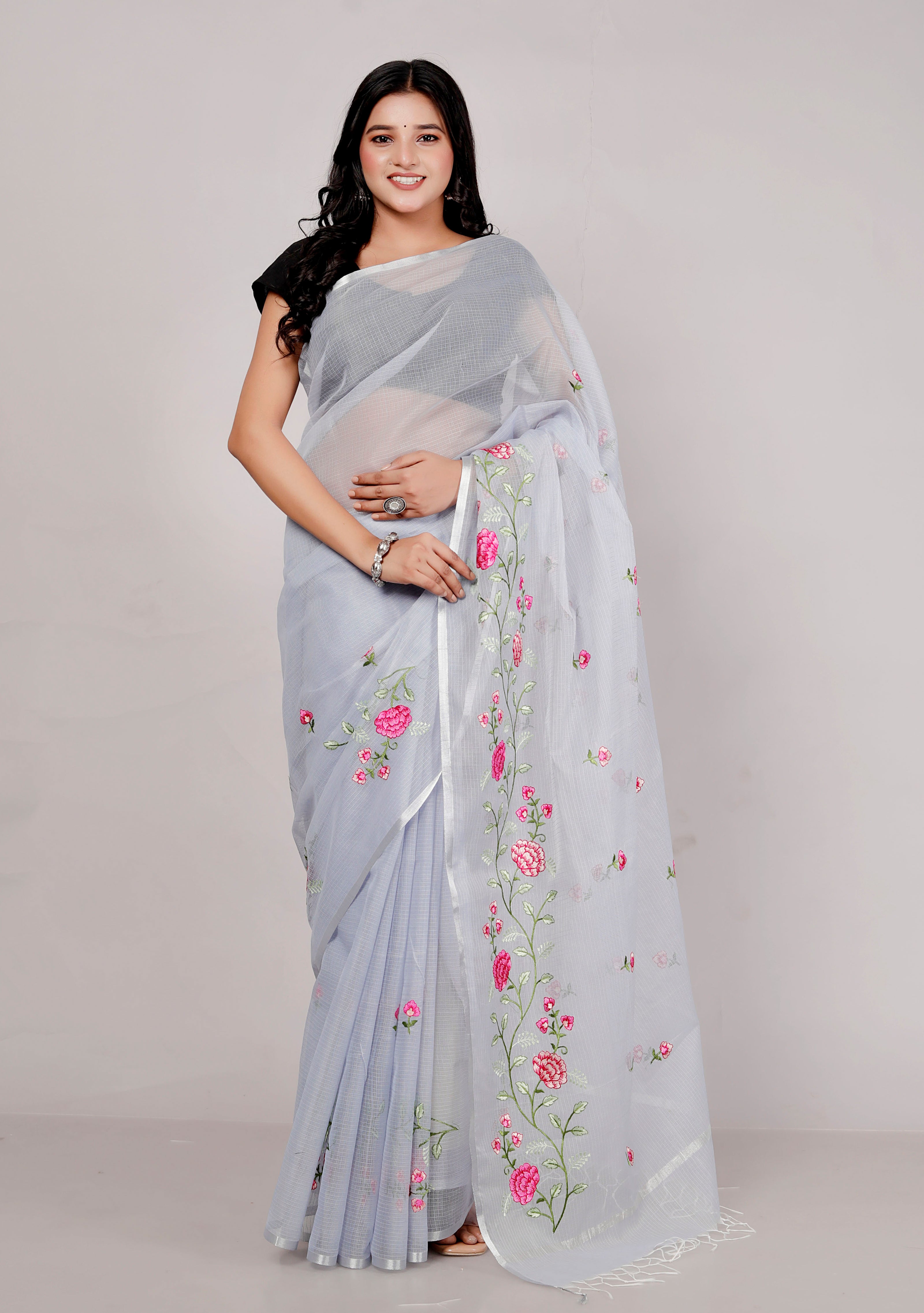 RAJGLOBAL Self Design Embroidered Kota Doria Cotton Blend Saree with Unstitched Blouse pista green