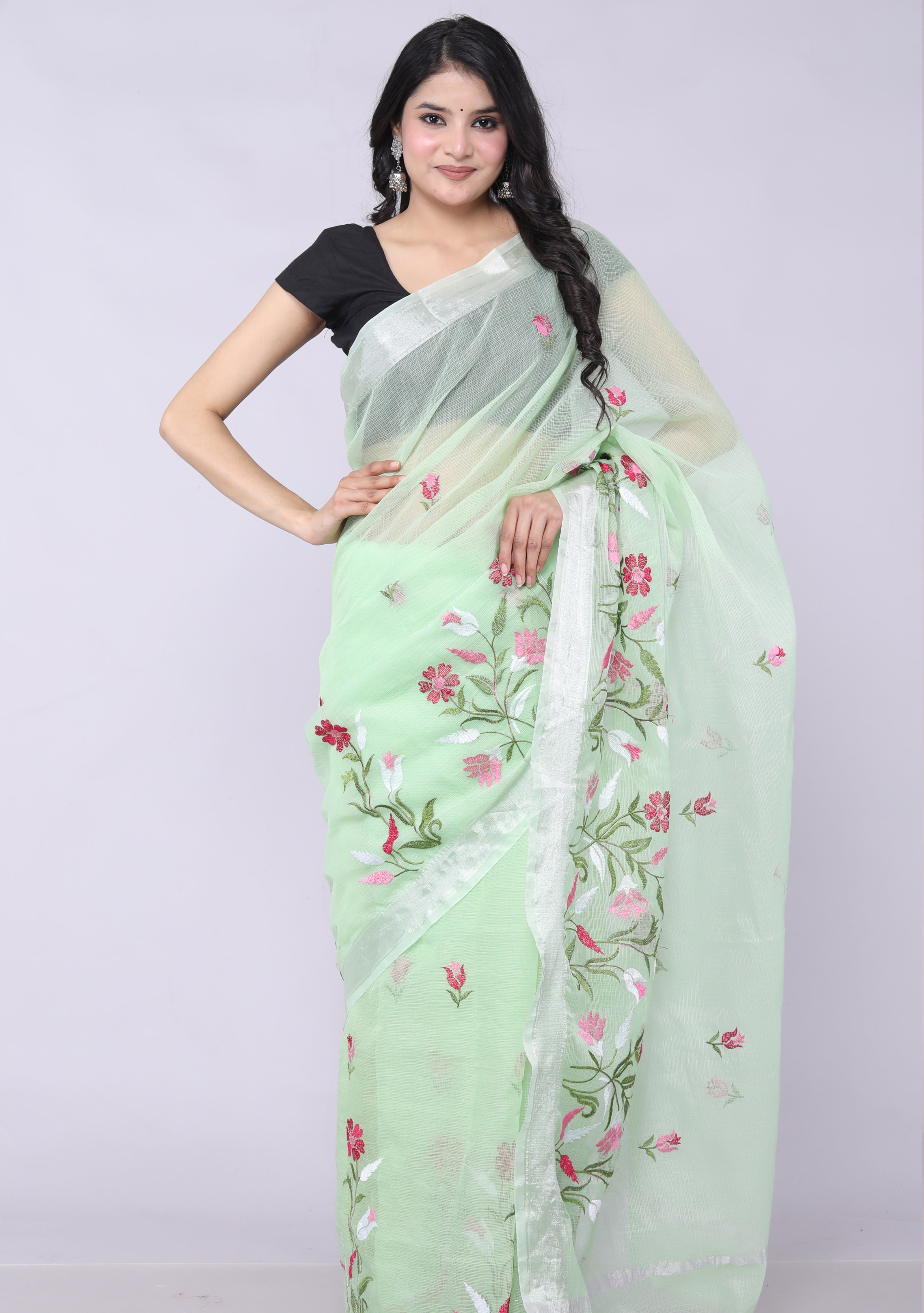 RAJGLOBAL Self Design Embroidered Kota Doria Cotton Blend Saree with Unstitched Blouse