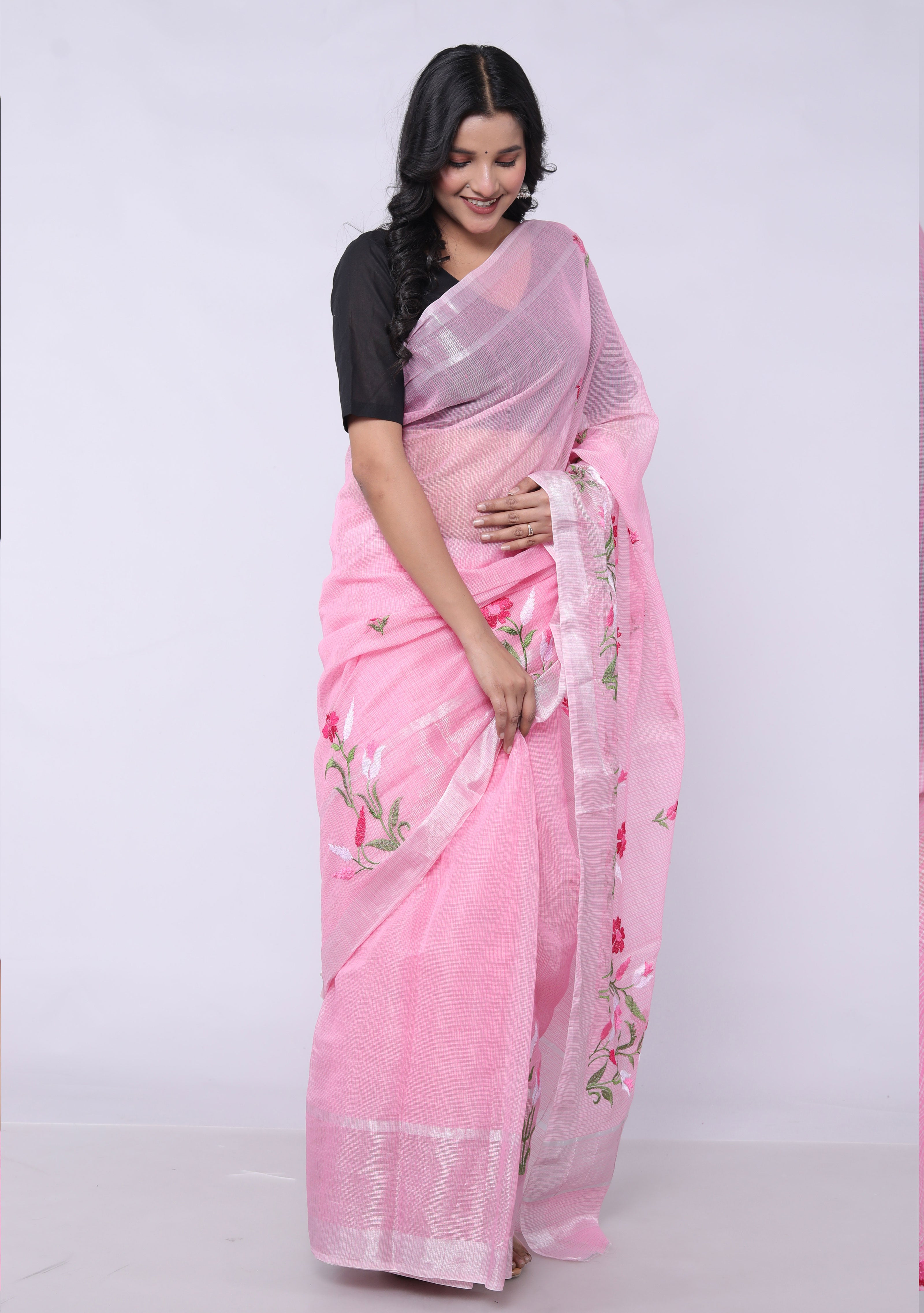 RAJGLOBAL Self Design Embroidered Kota Doria Cotton Blend Saree with Unstitched Blouse