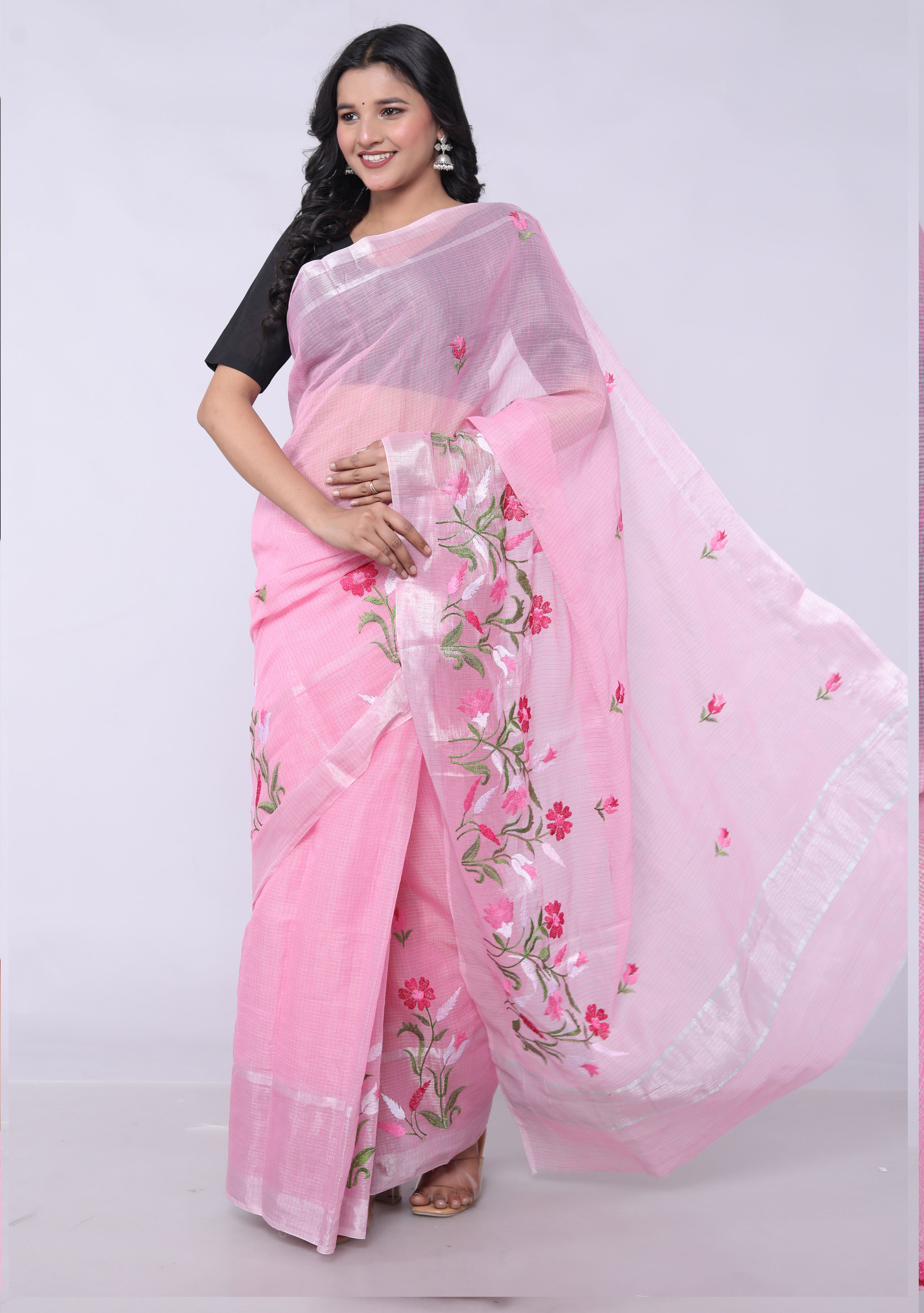 RAJGLOBAL Self Design Embroidered Kota Doria Cotton Blend Saree with Unstitched Blouse
