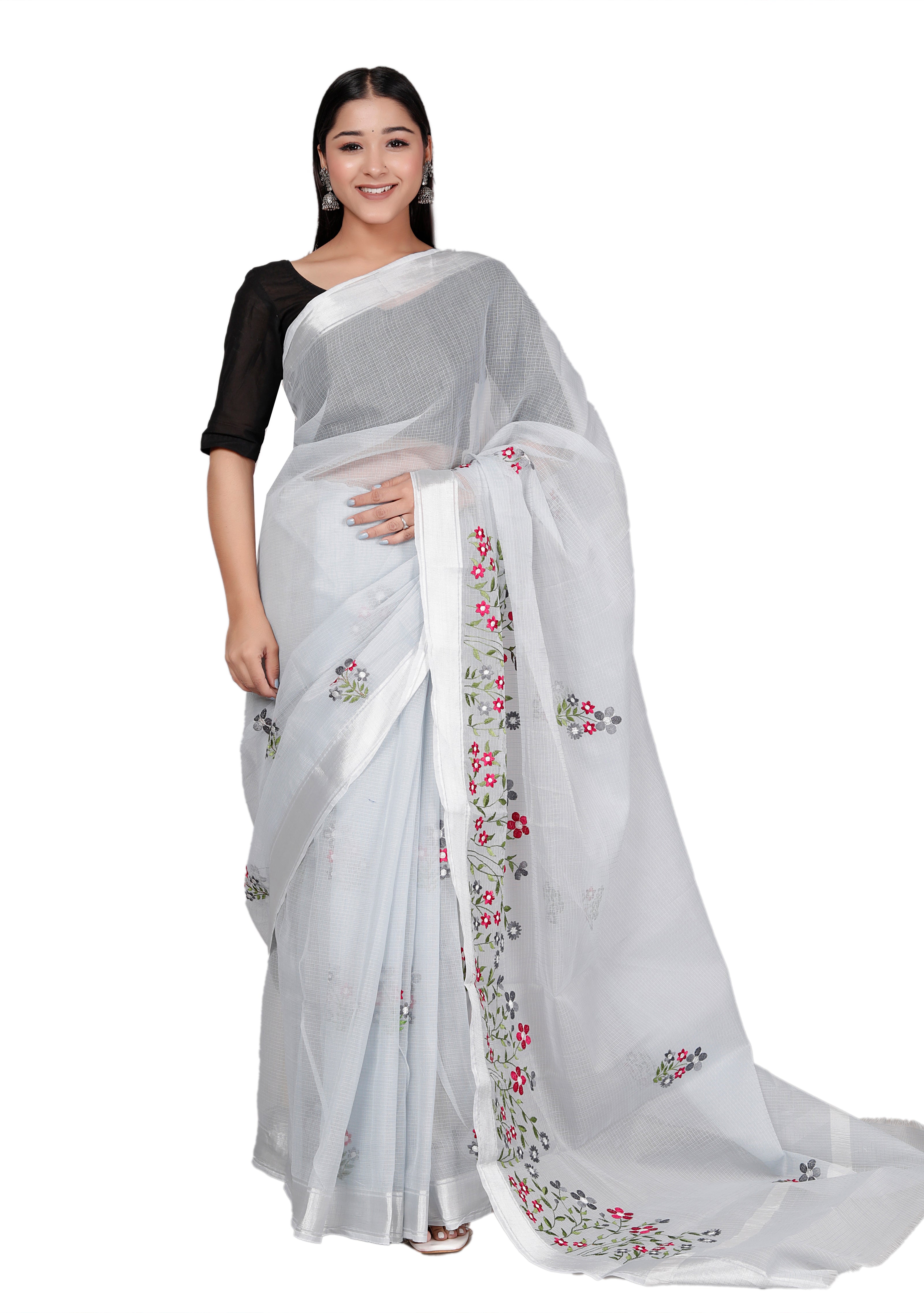RAJGLOBAL Self Design Embroidered Kota Doria Cotton Blend Saree with Unstitched Blouse gray_11