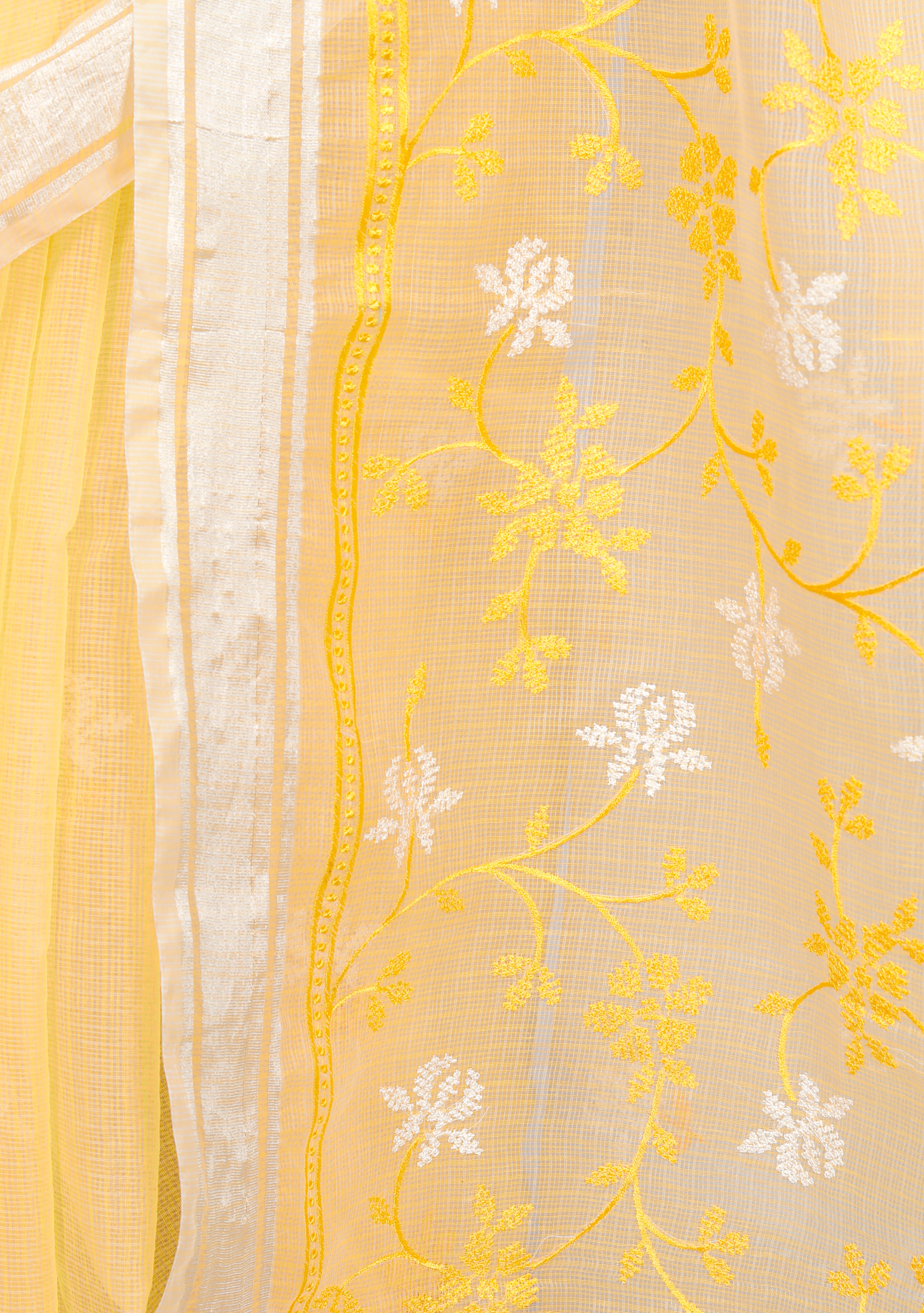 RAJGLOBAL Self Design Embroidered Kota Doria Cotton Blend Saree with Unstitched Blouse yellow white