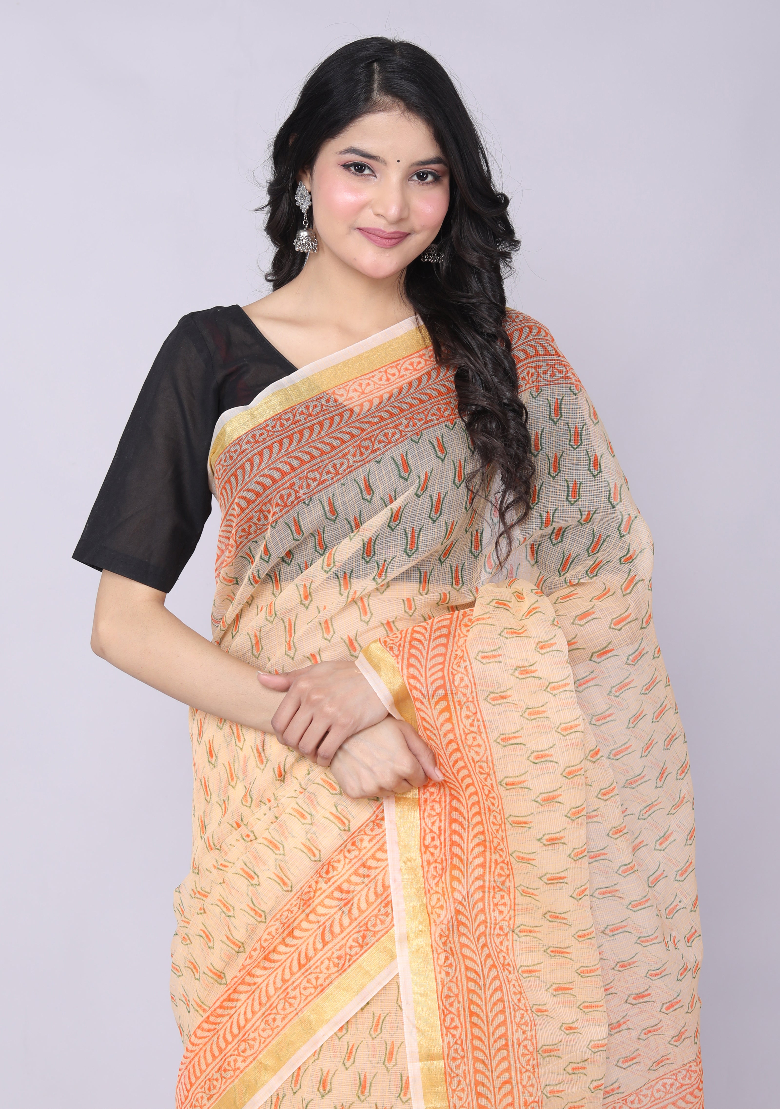 RAJGLOBAL Kota Doria Broad Zari Cotton Blend Saree with Unstitched Blouse Red
