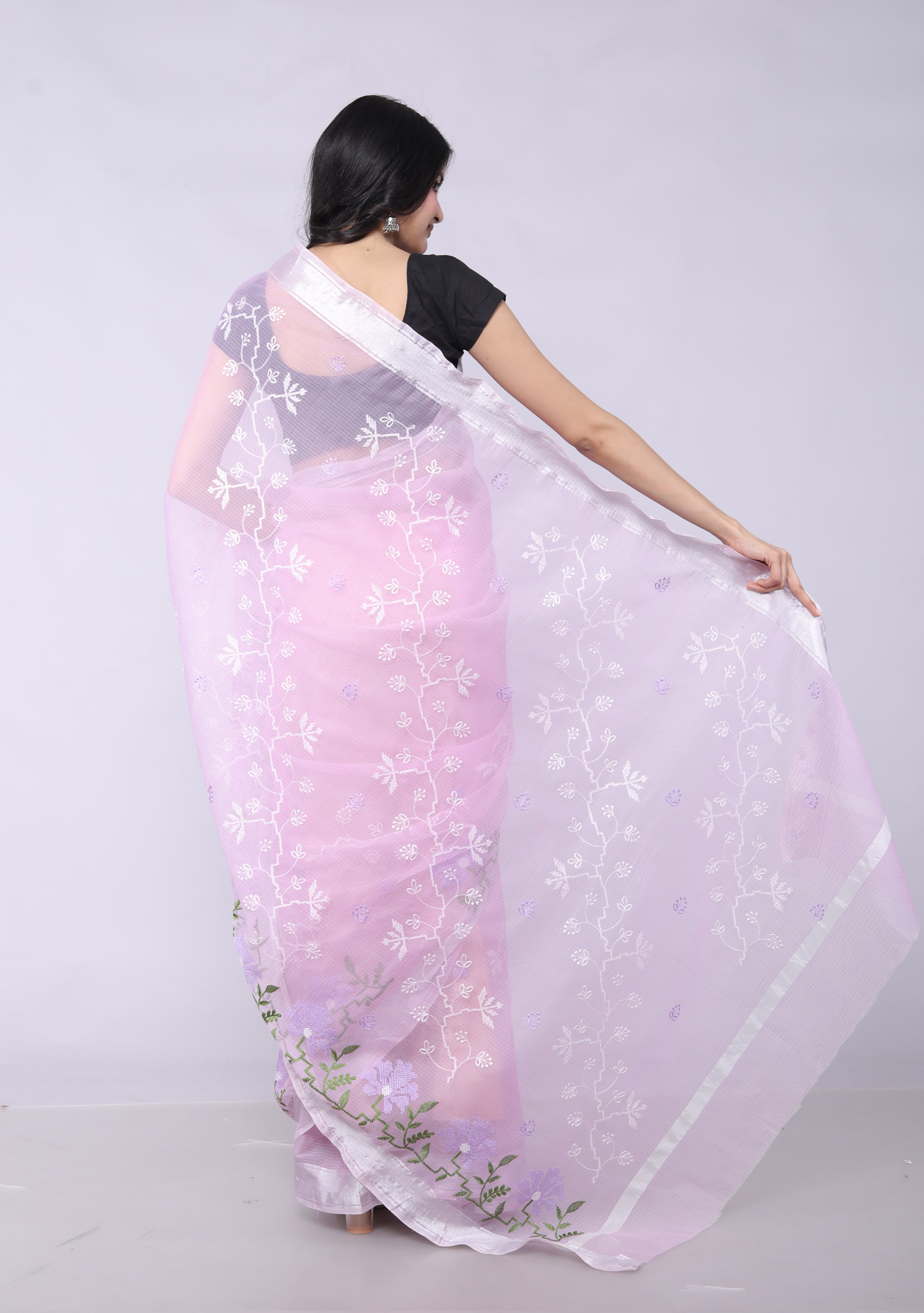 RAJGLOBAL Self Design Embroidered Kota Doria Cotton Blend Saree with Unstitched Blouse pink design 2
