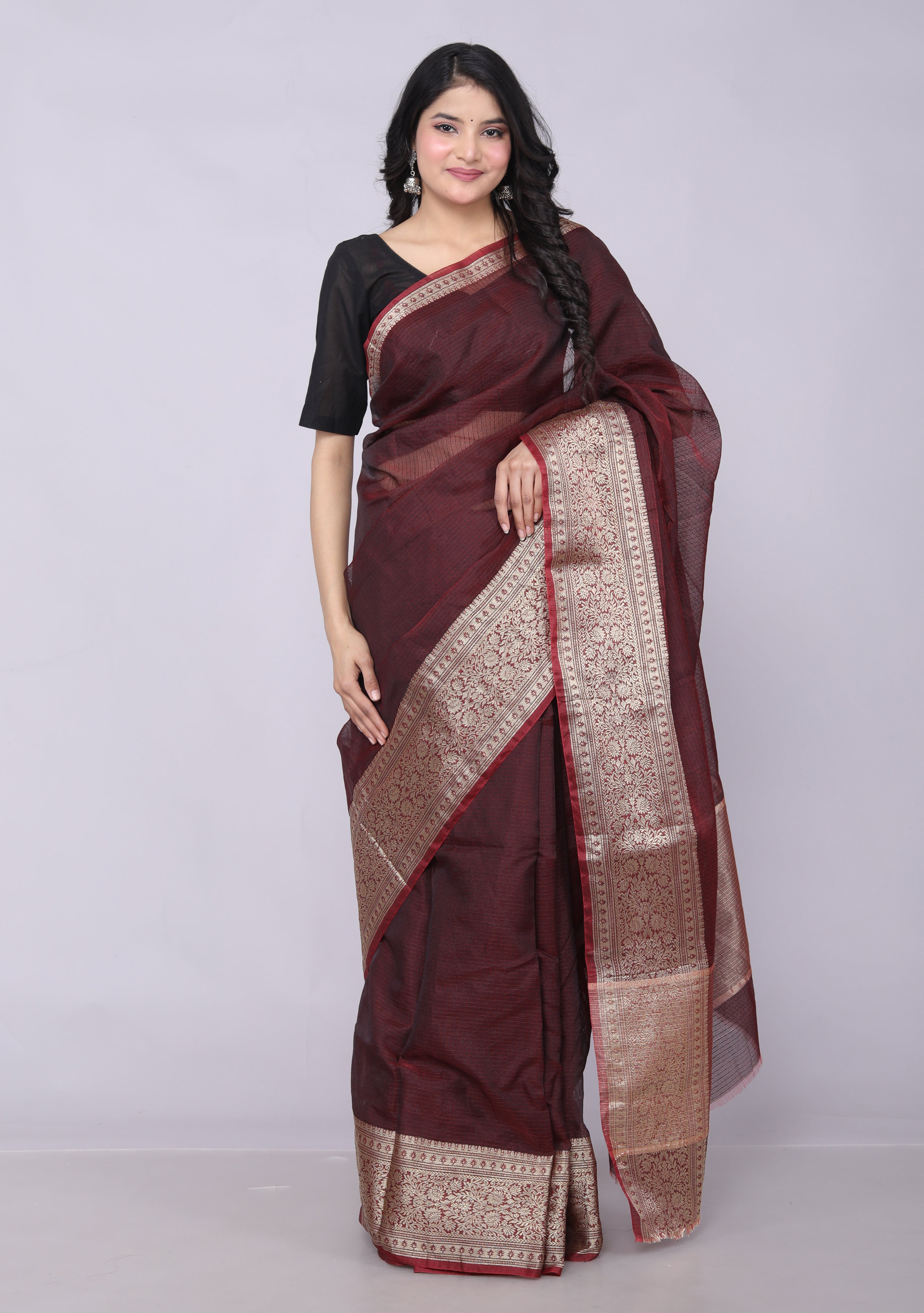 RAJGLOBAL Kota Doria Broad Zari Cotton Blend Saree with Unstitched Blouse coffee