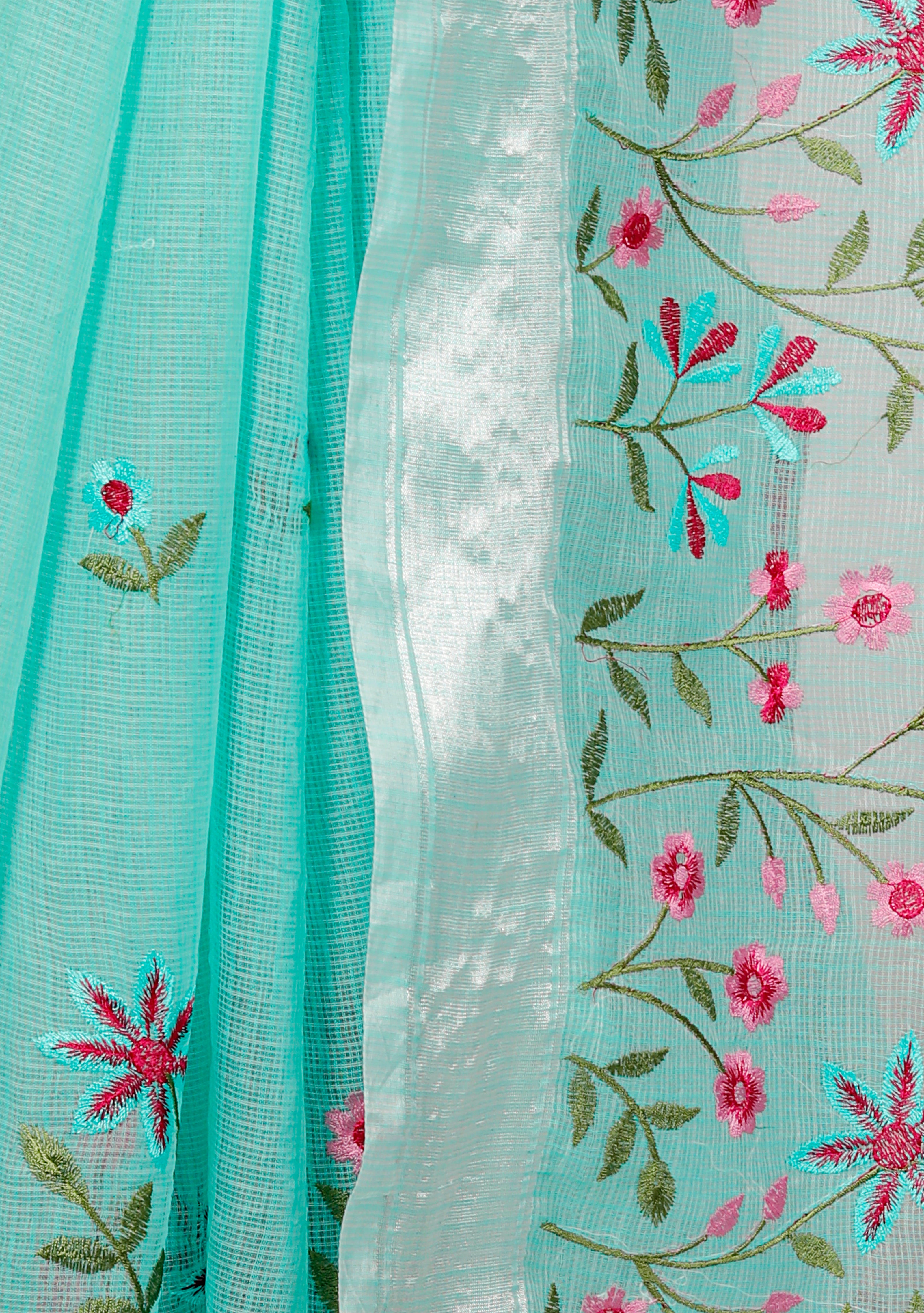RAJGLOBAL Self Design Embroidered Kota Doria Cotton Blend Saree with Unstitched Blouse Firoji_red