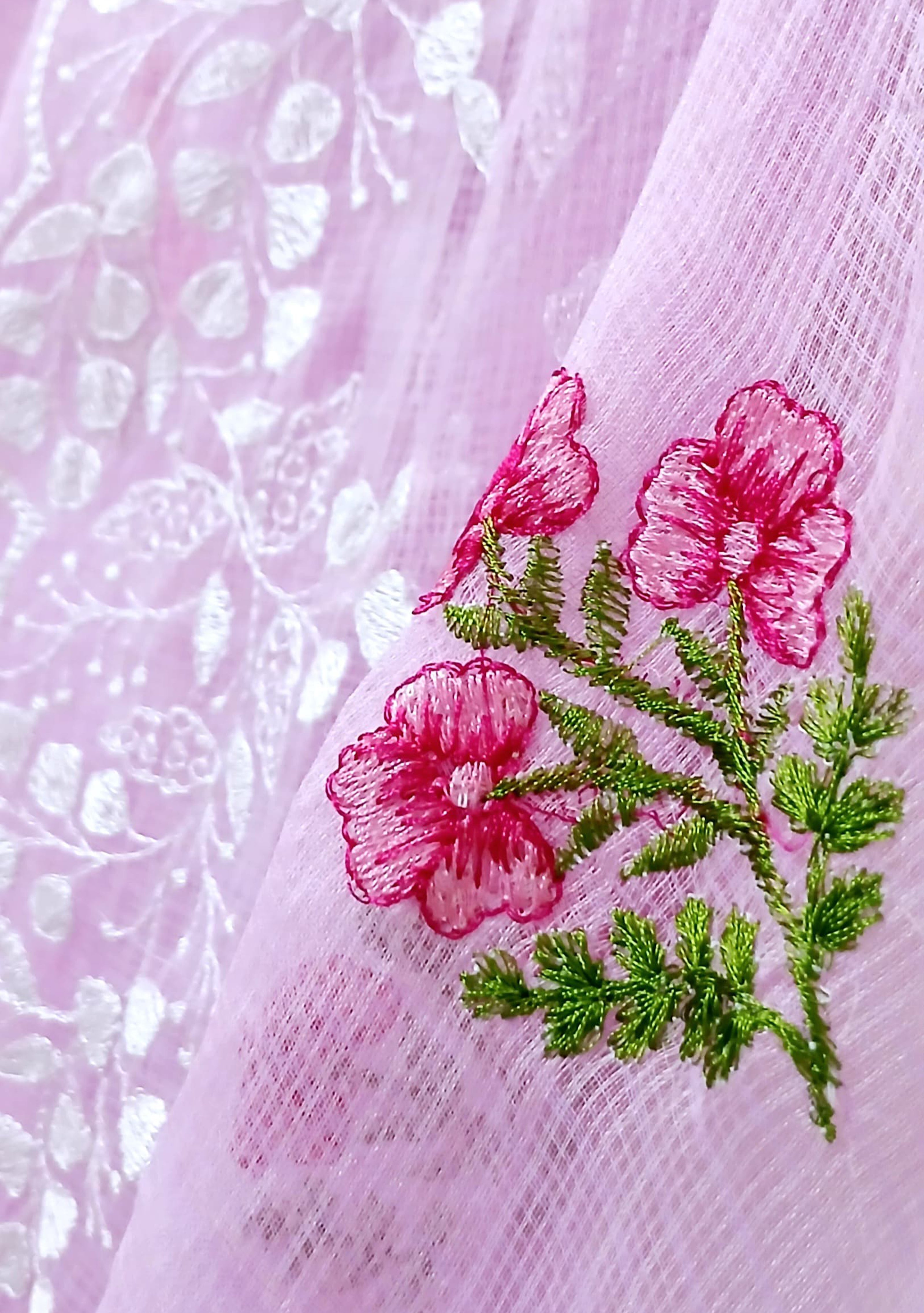 RAJGLOBAL Kota Doria Cotton Blend Suit, Designer Embroidered, 2.5 Metre Top with Dupatta, Pink