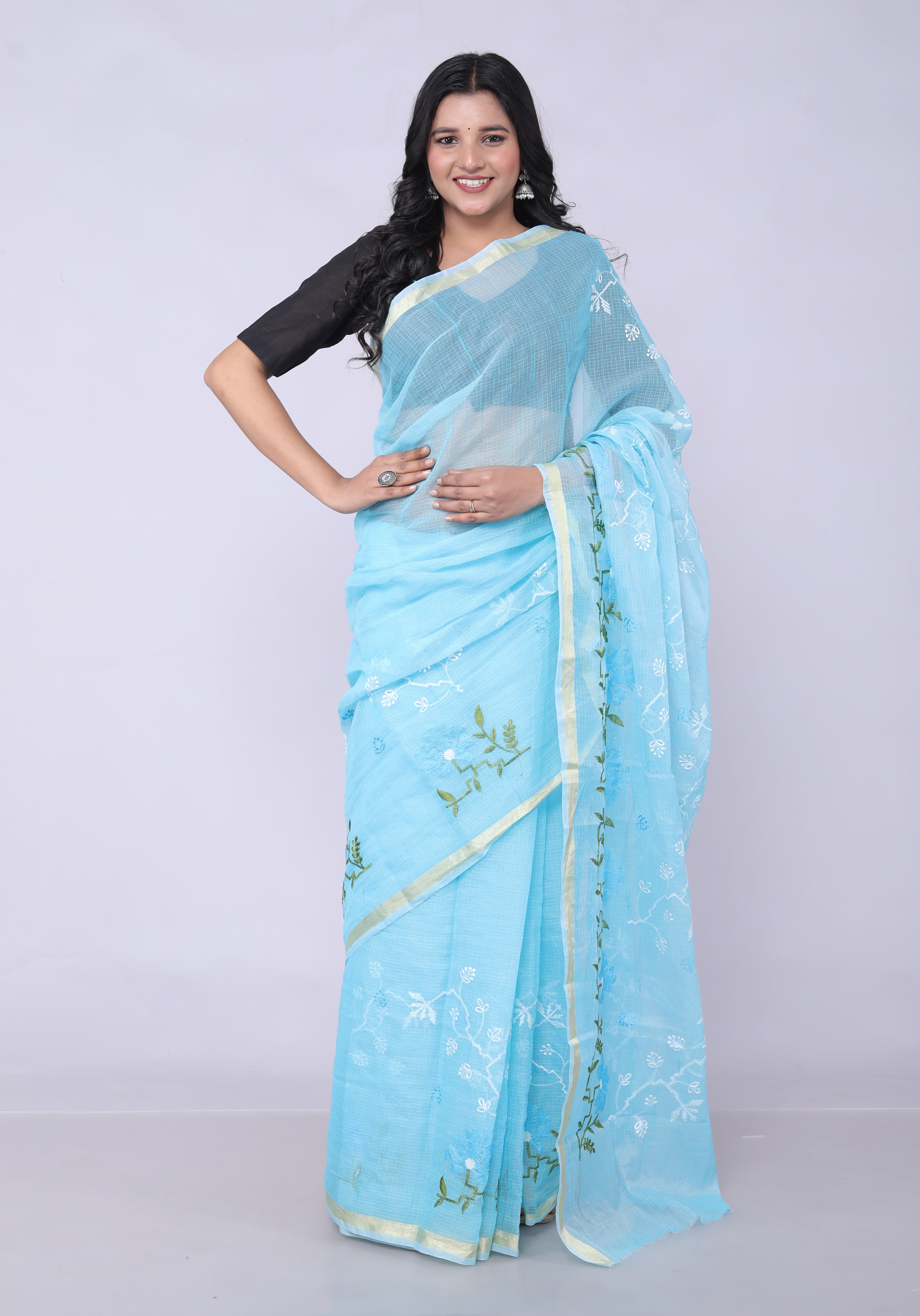 RAJGLOBAL Self Design Embroidered Kota Doria Cotton Blend Saree with Unstitched Blouse skyblue design 22