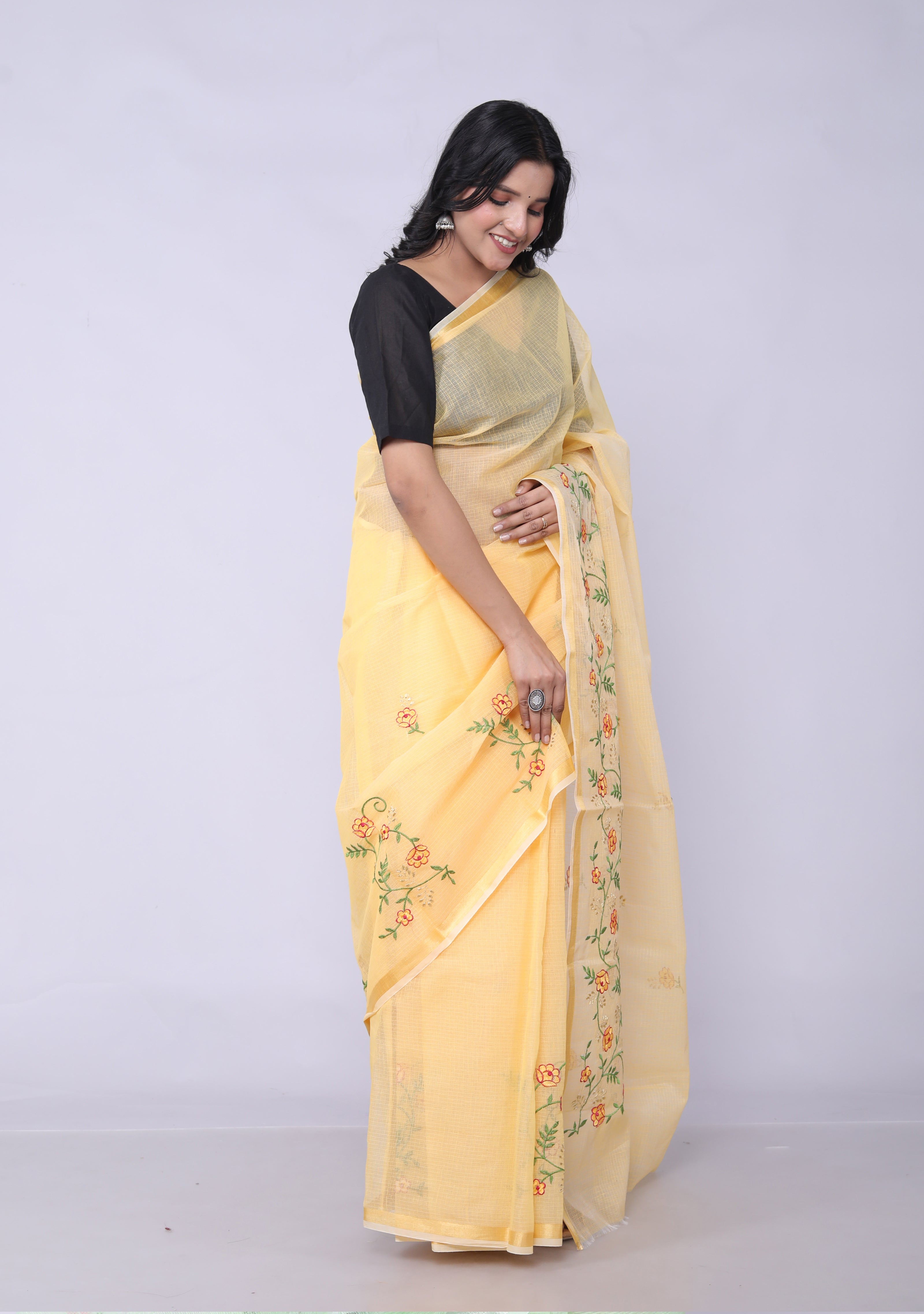 RAJGLOBAL Self Design Embroidered Kota Doria Cotton Blend Saree with Unstitched Blouse light yellow