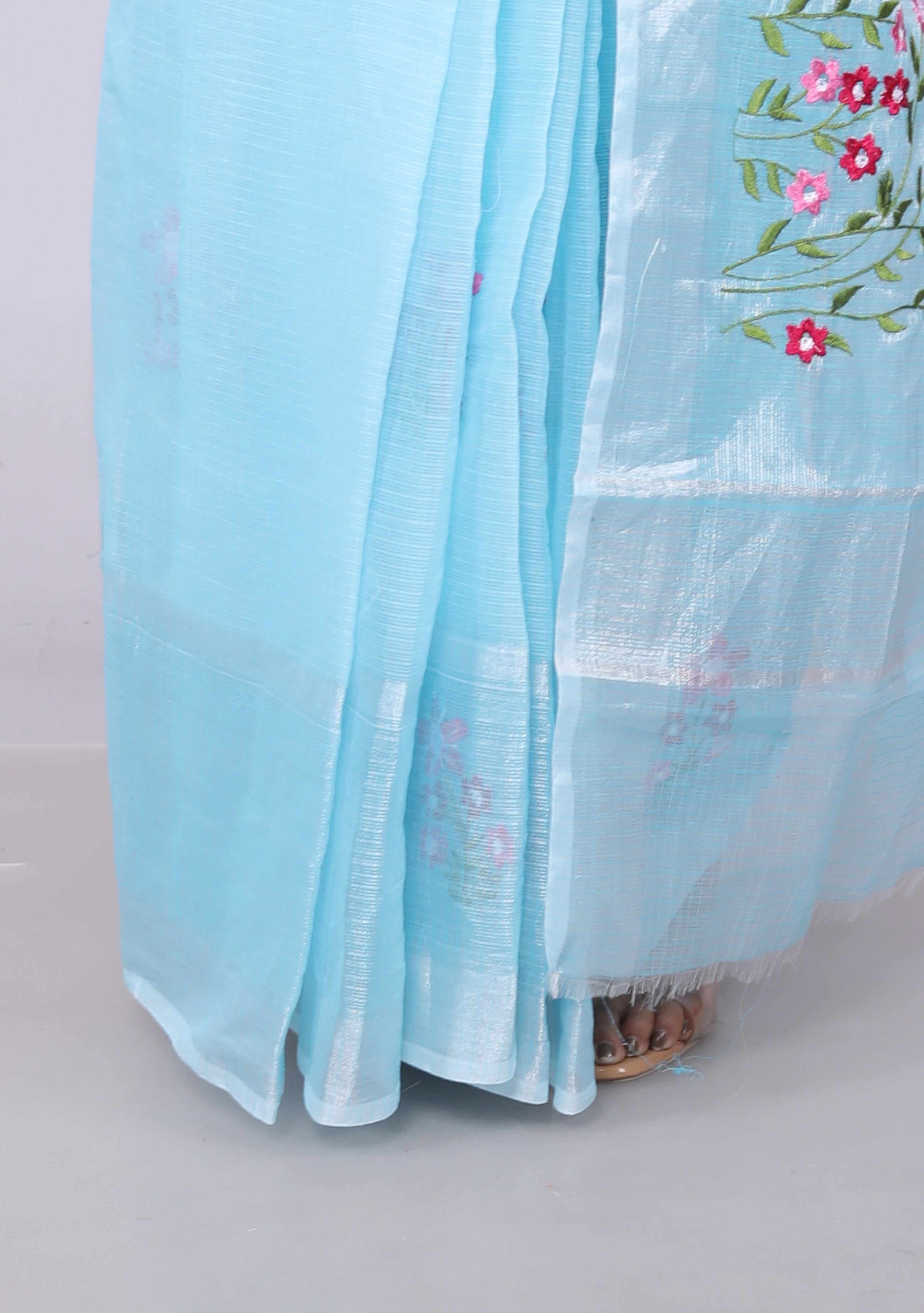 RAJGLOBAL Self Design Embroidered Kota Doria Cotton Blend Saree with Unstitched Blouse skyblue design 11