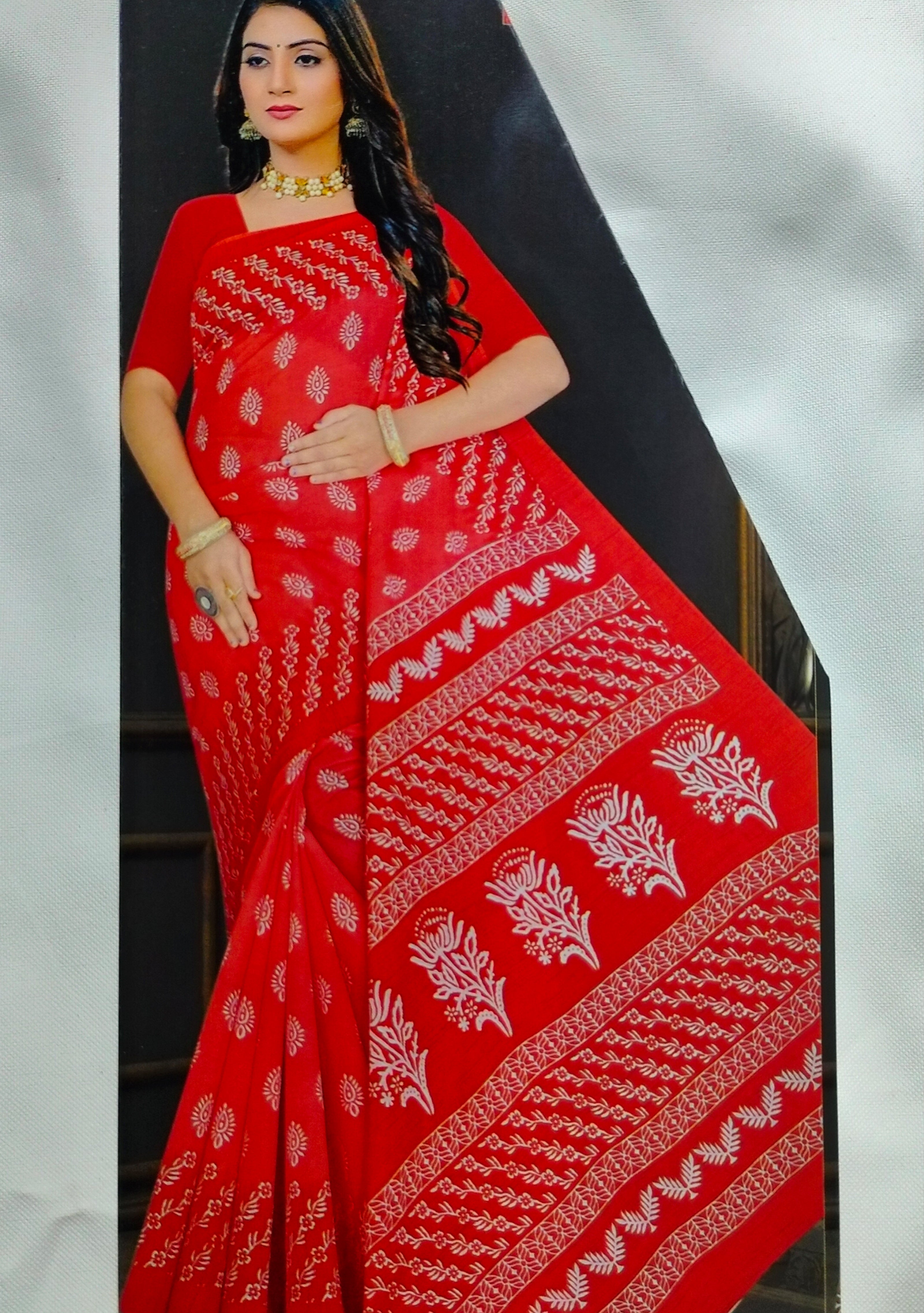RAJGLOBAL Cotton Blend Printed Saree Red