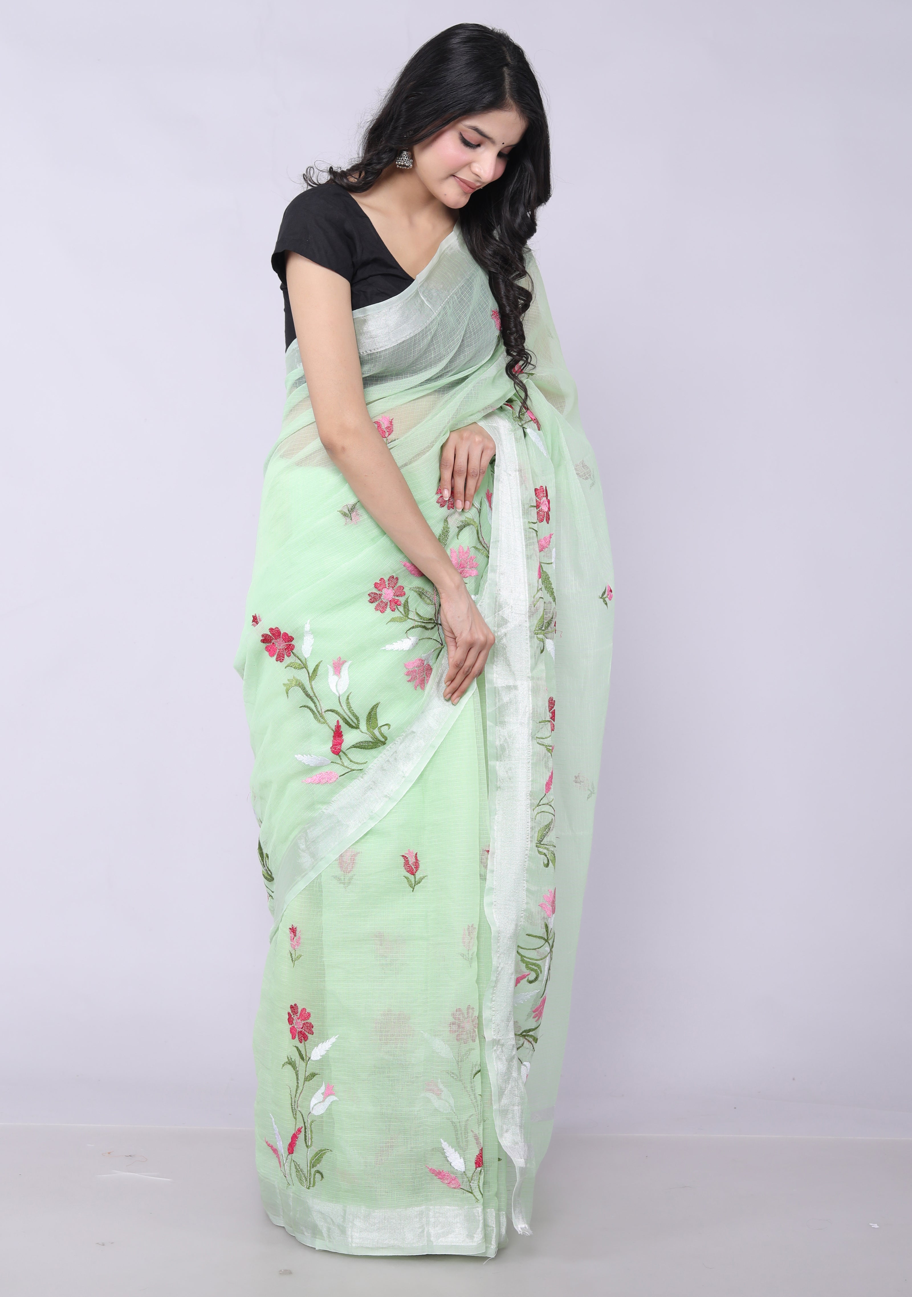 RAJGLOBAL Self Design Embroidered Kota Doria Cotton Blend Saree with Unstitched Blouse light green