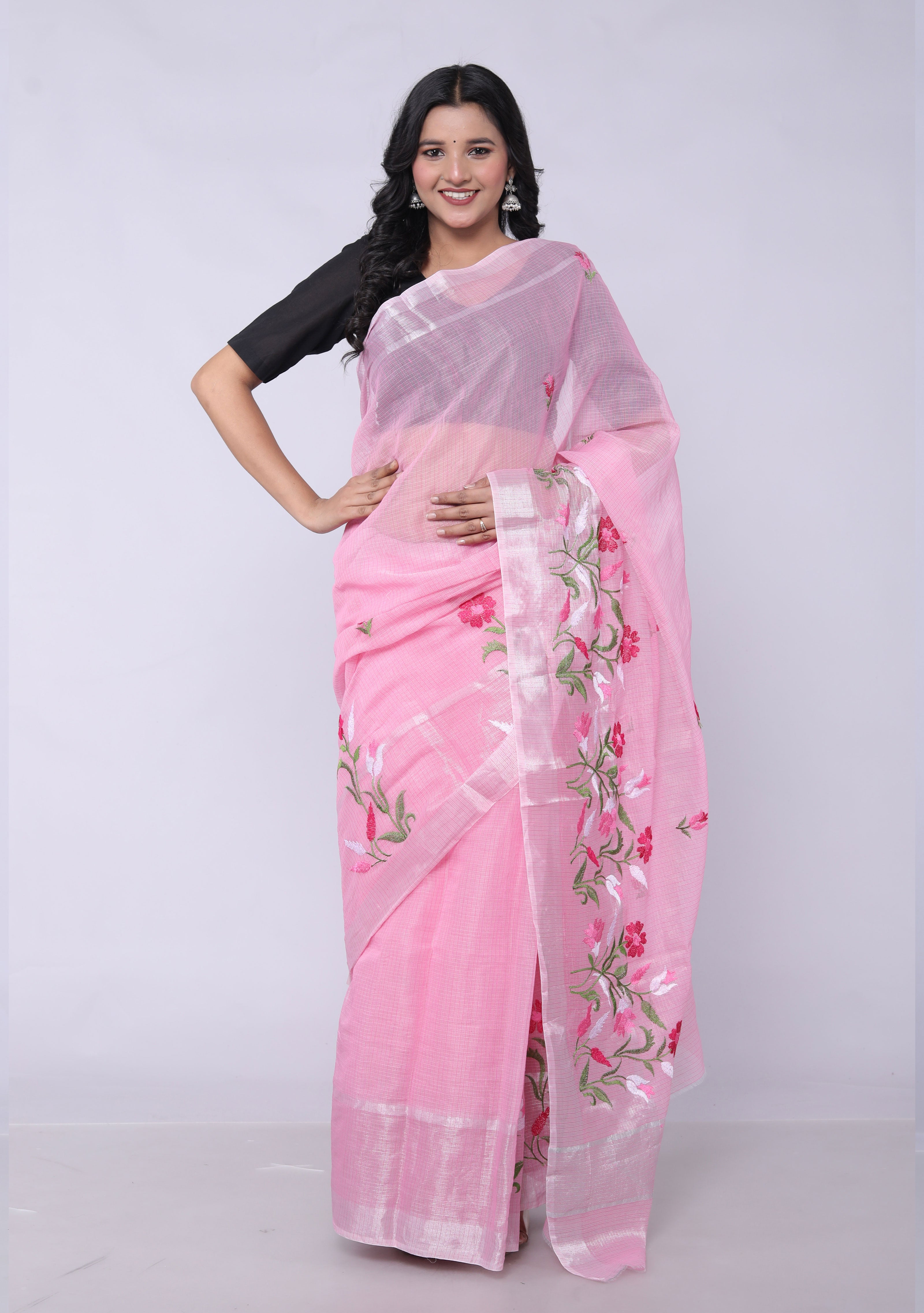 RAJGLOBAL Self Design Embroidered Kota Doria Cotton Blend Saree with Unstitched Blouse