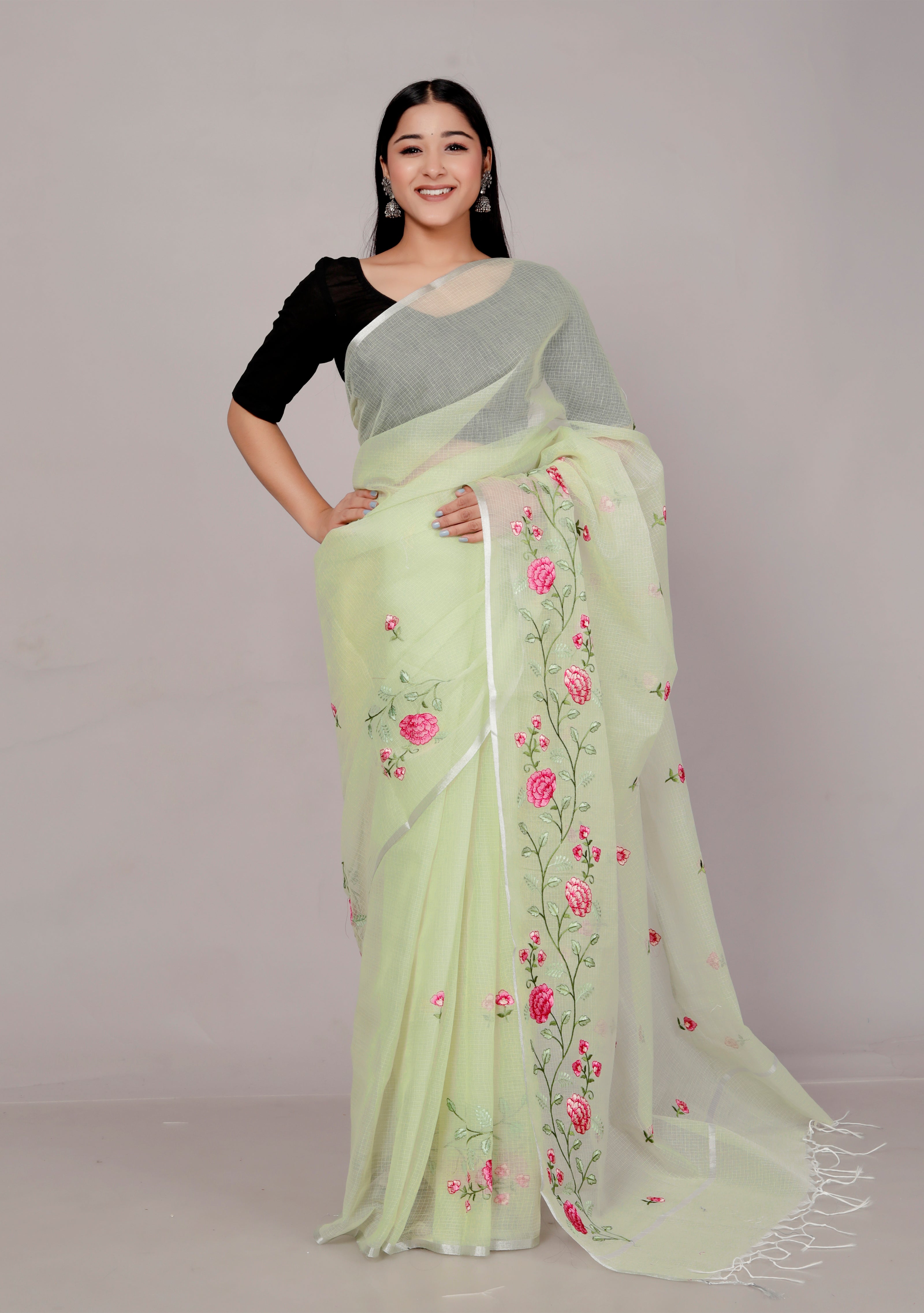 RAJGLOBAL Self Design Embroidered Kota Doria Cotton Blend Saree with Unstitched Blouse pista green