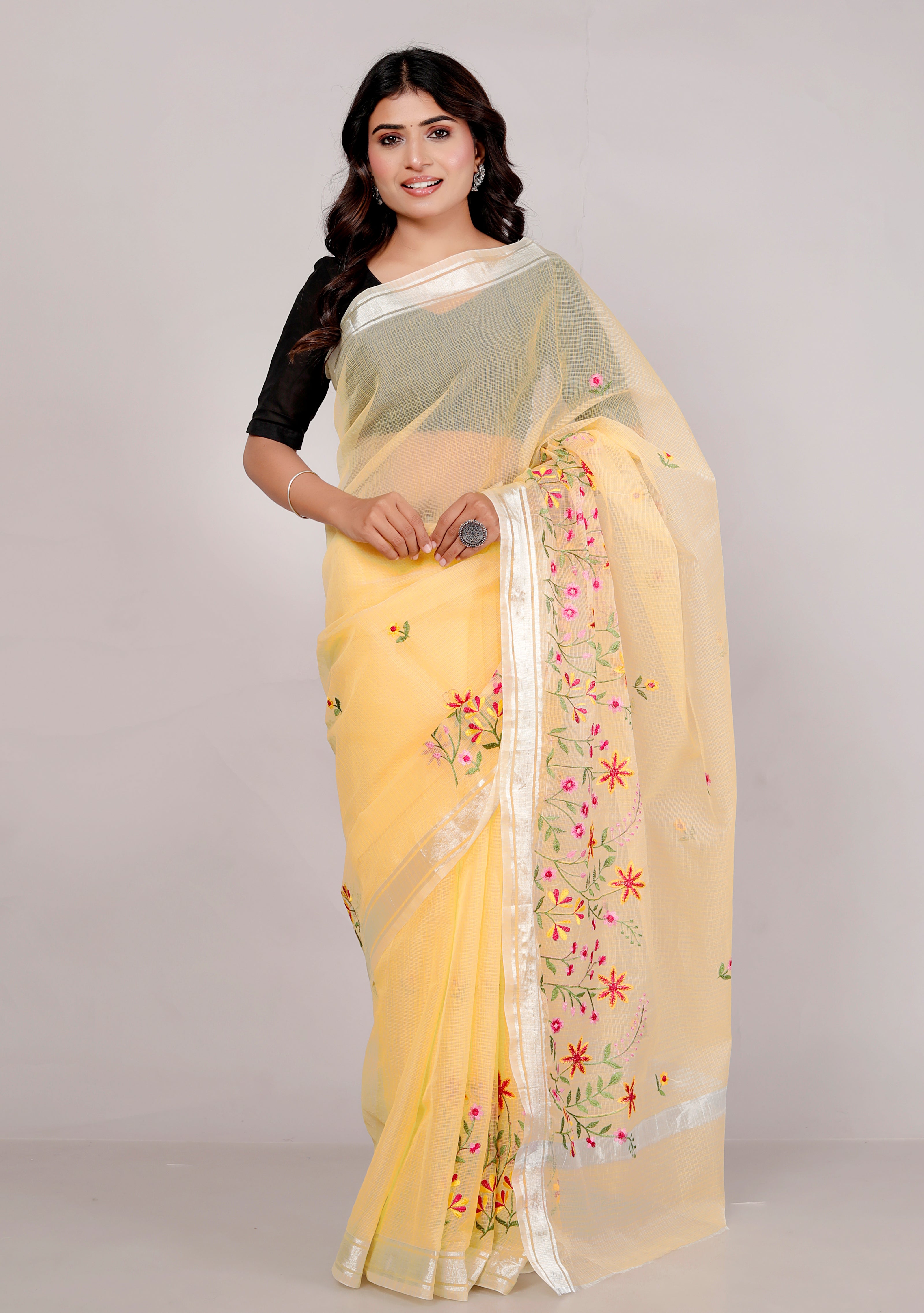 RAJGLOBAL Self Design Embroidered Kota Doria Cotton Blend Saree with Unstitched Blouse yellow red