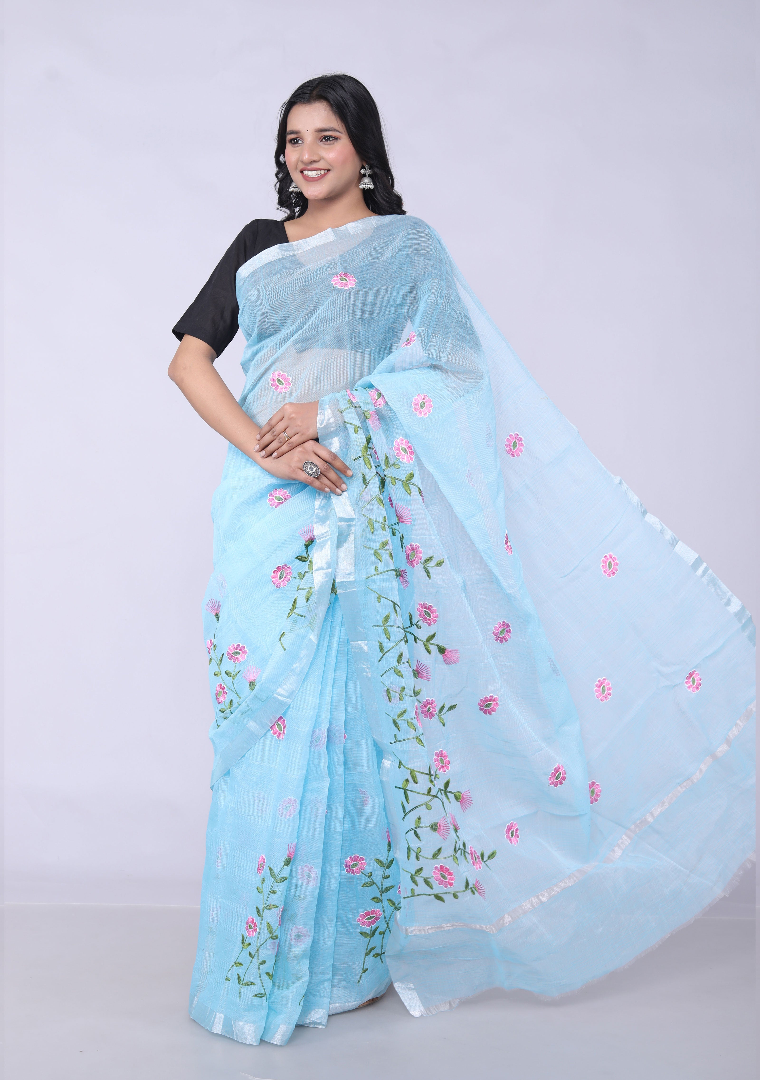 RAJGLOBAL Self Design Embroidered Kota Doria Cotton Blend Saree with Unstitched Blouse