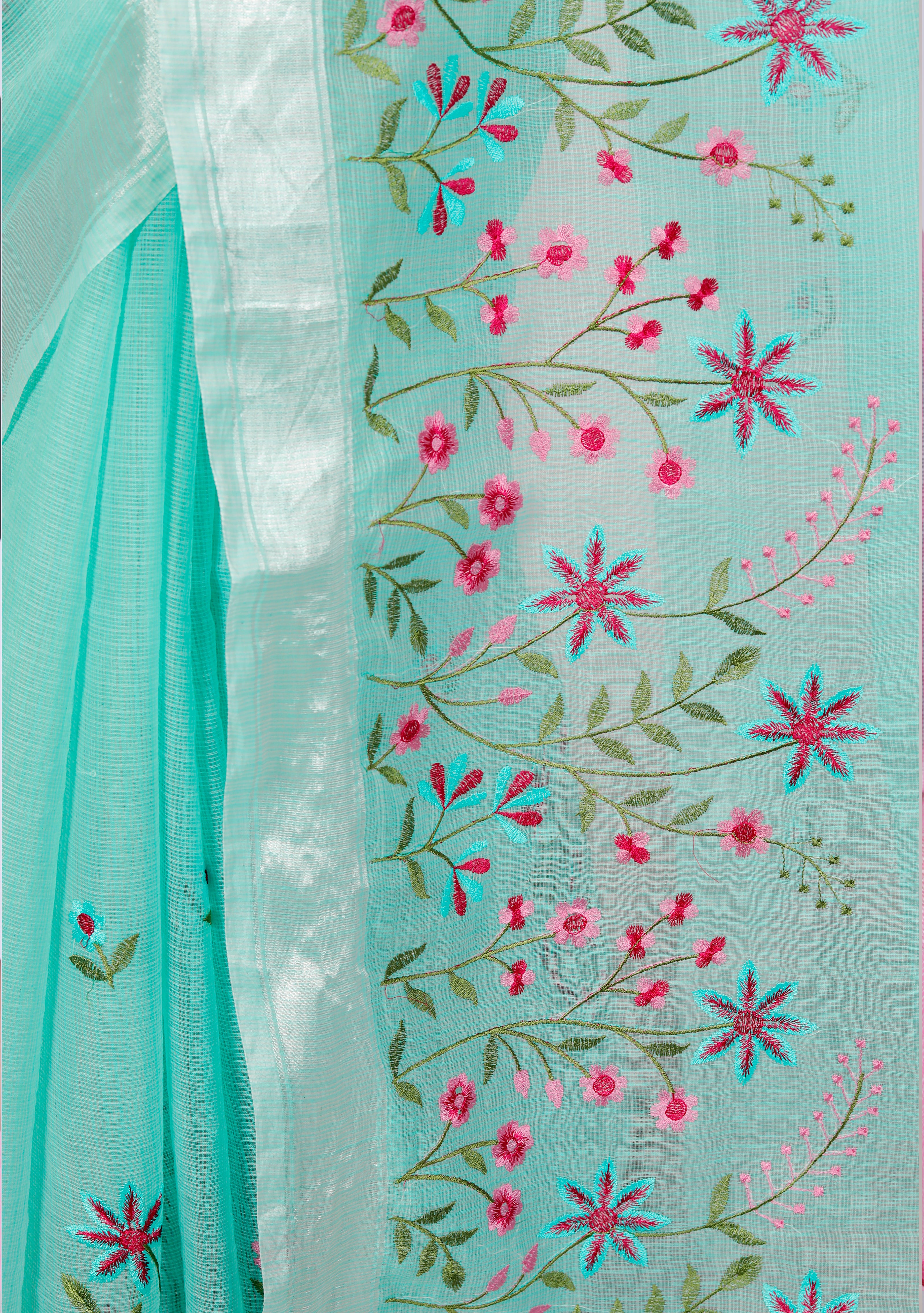 RAJGLOBAL Self Design Embroidered Kota Doria Cotton Blend Saree with Unstitched Blouse Firoji_red