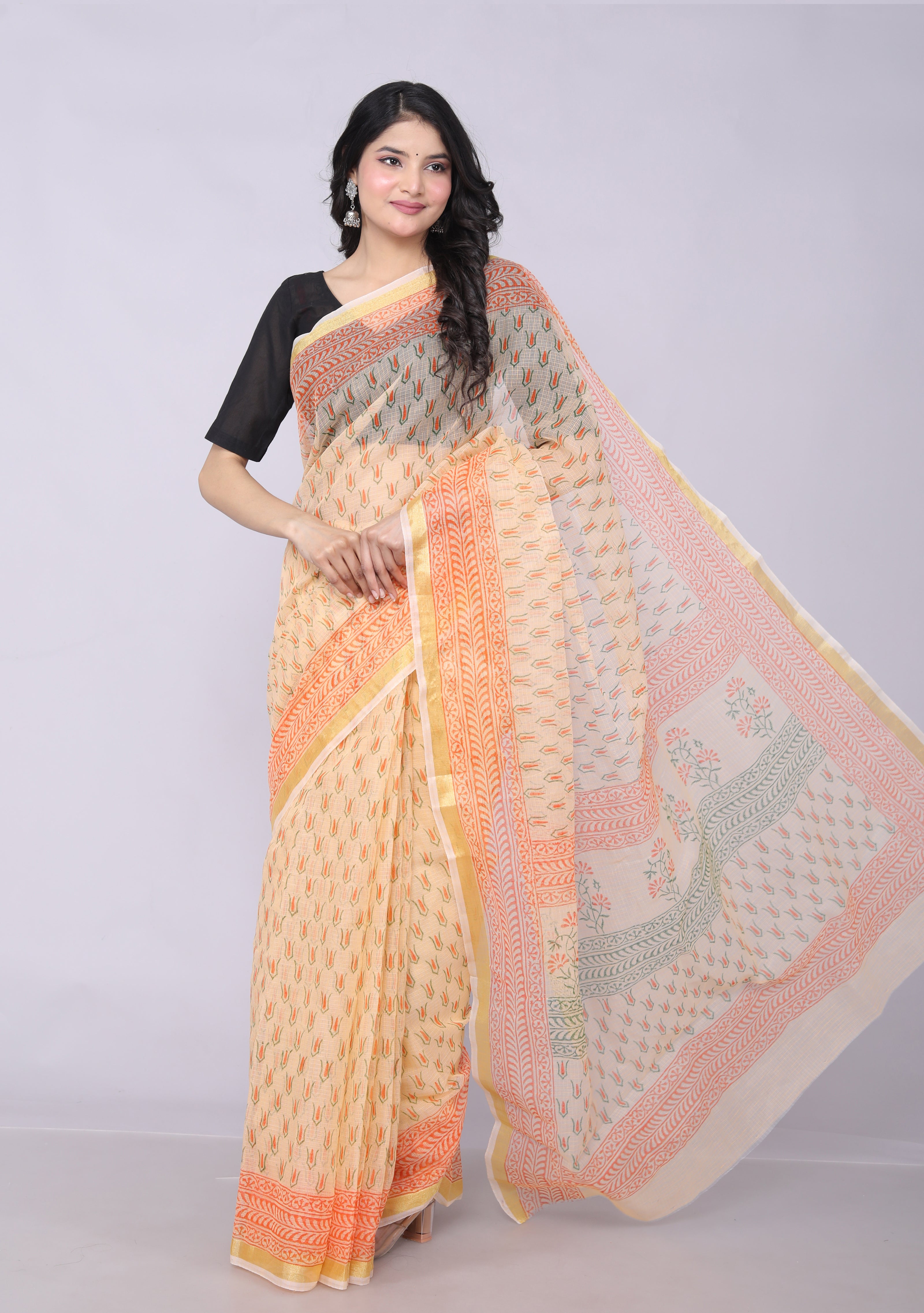 RAJGLOBAL Kota Doria Broad Zari Cotton Blend Saree with Unstitched Blouse Red