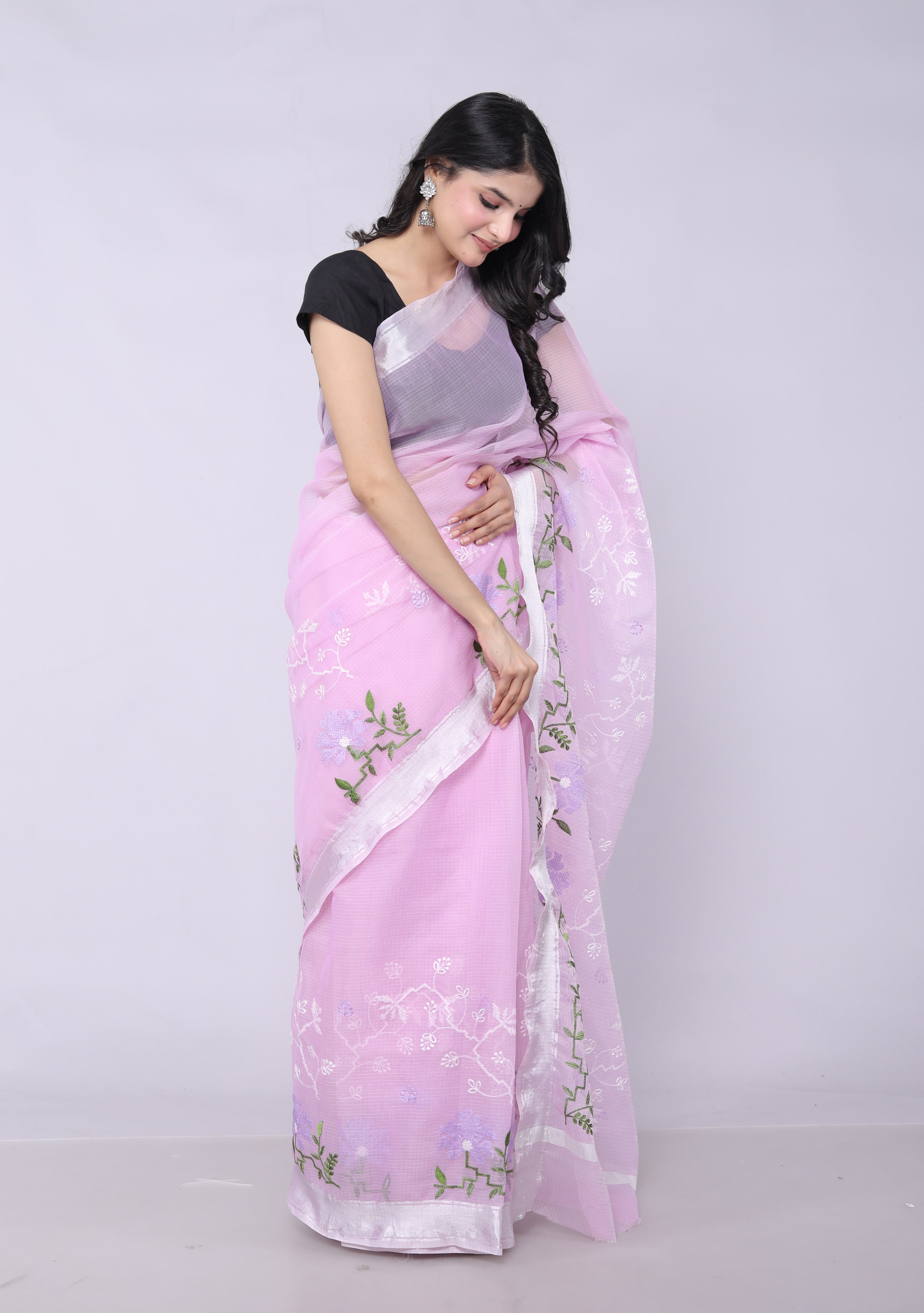 RAJGLOBAL Self Design Embroidered Kota Doria Cotton Blend Saree with Unstitched Blouse pink design 2