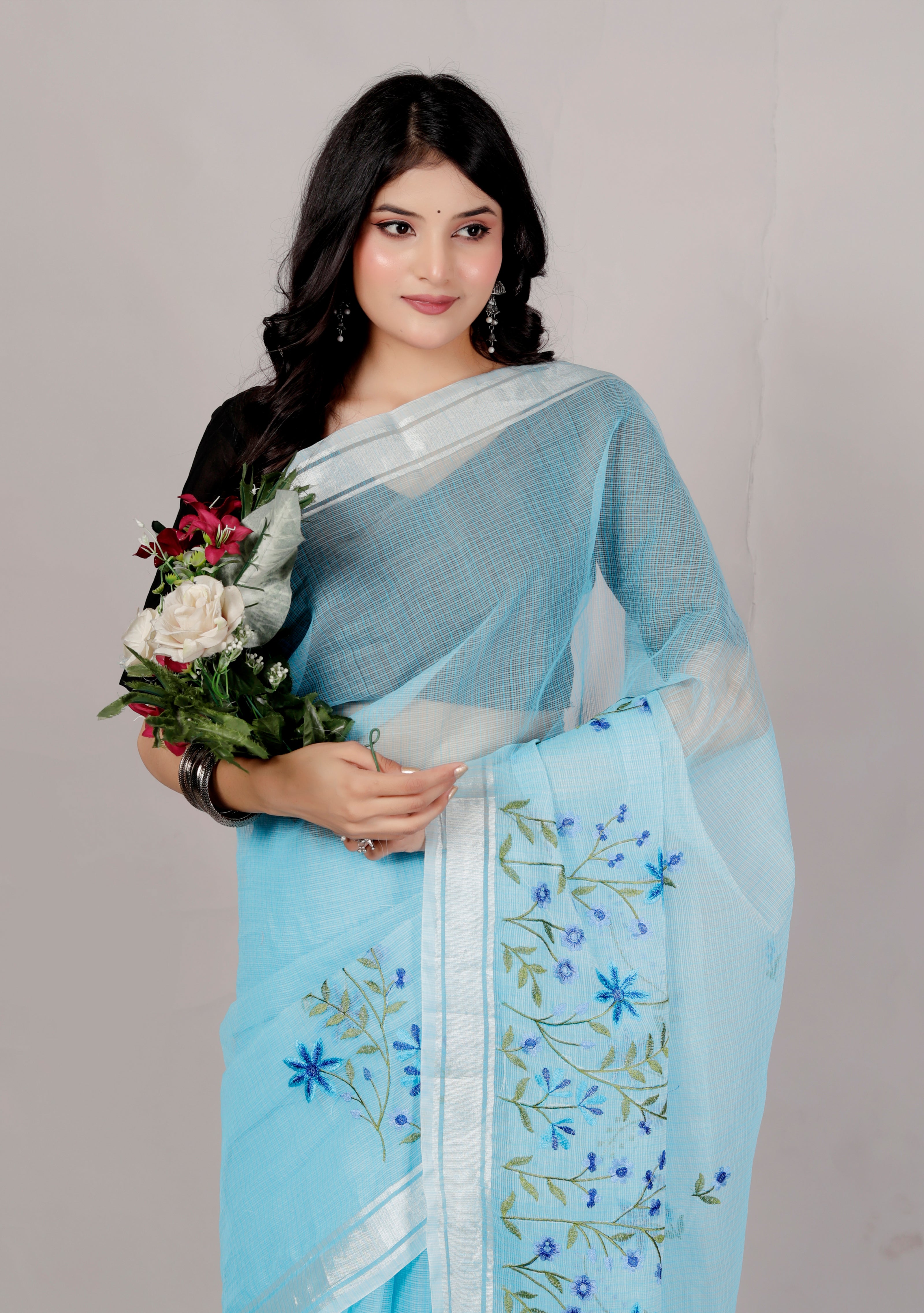 RAJGLOBAL Self Design Embroidered Kota Doria Cotton Blend Saree with Unstitched Blouse skyblue design 66