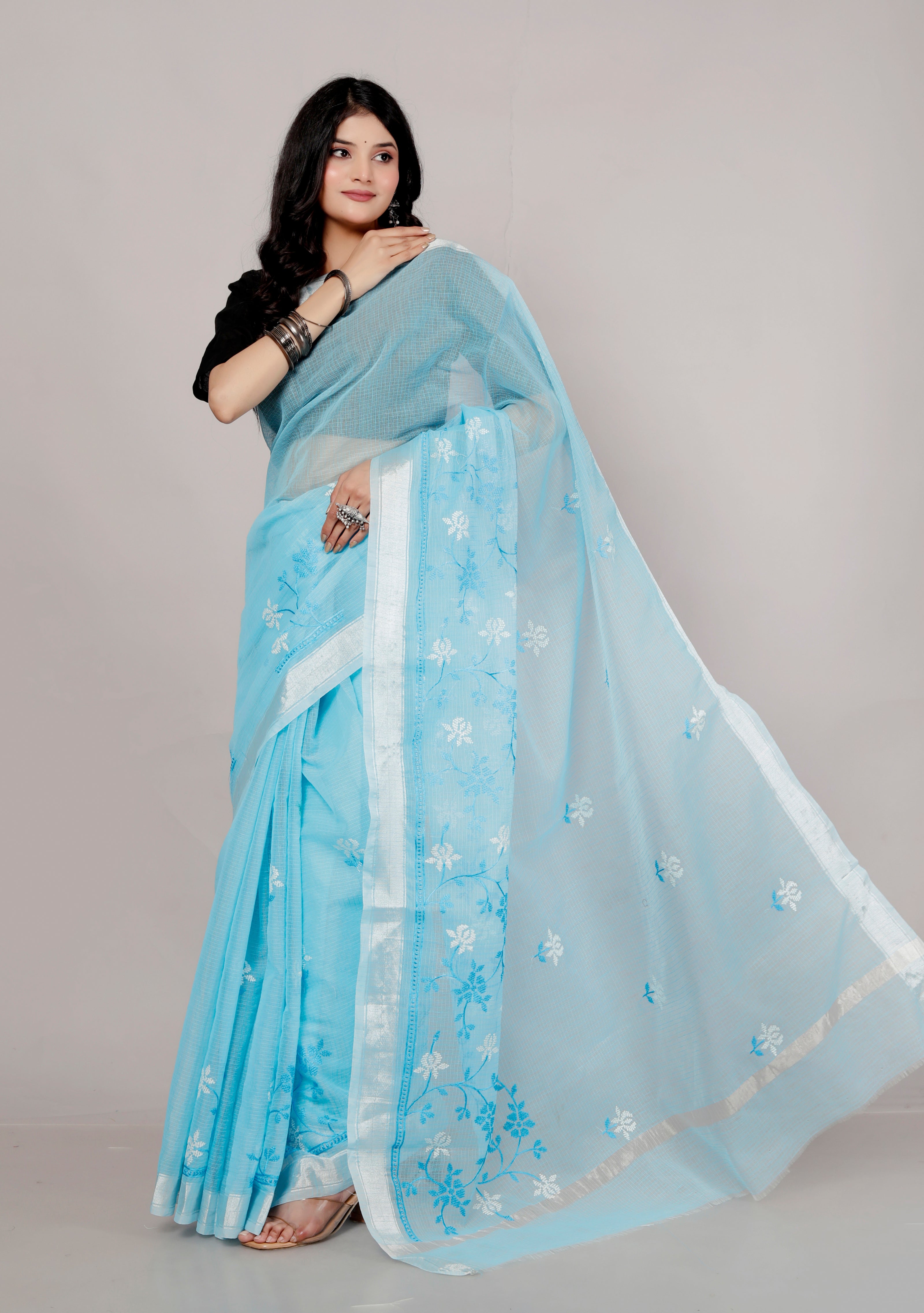 RAJGLOBAL Self Design Embroidered Kota Doria Cotton Blend Saree with Unstitched Blouse blue_55