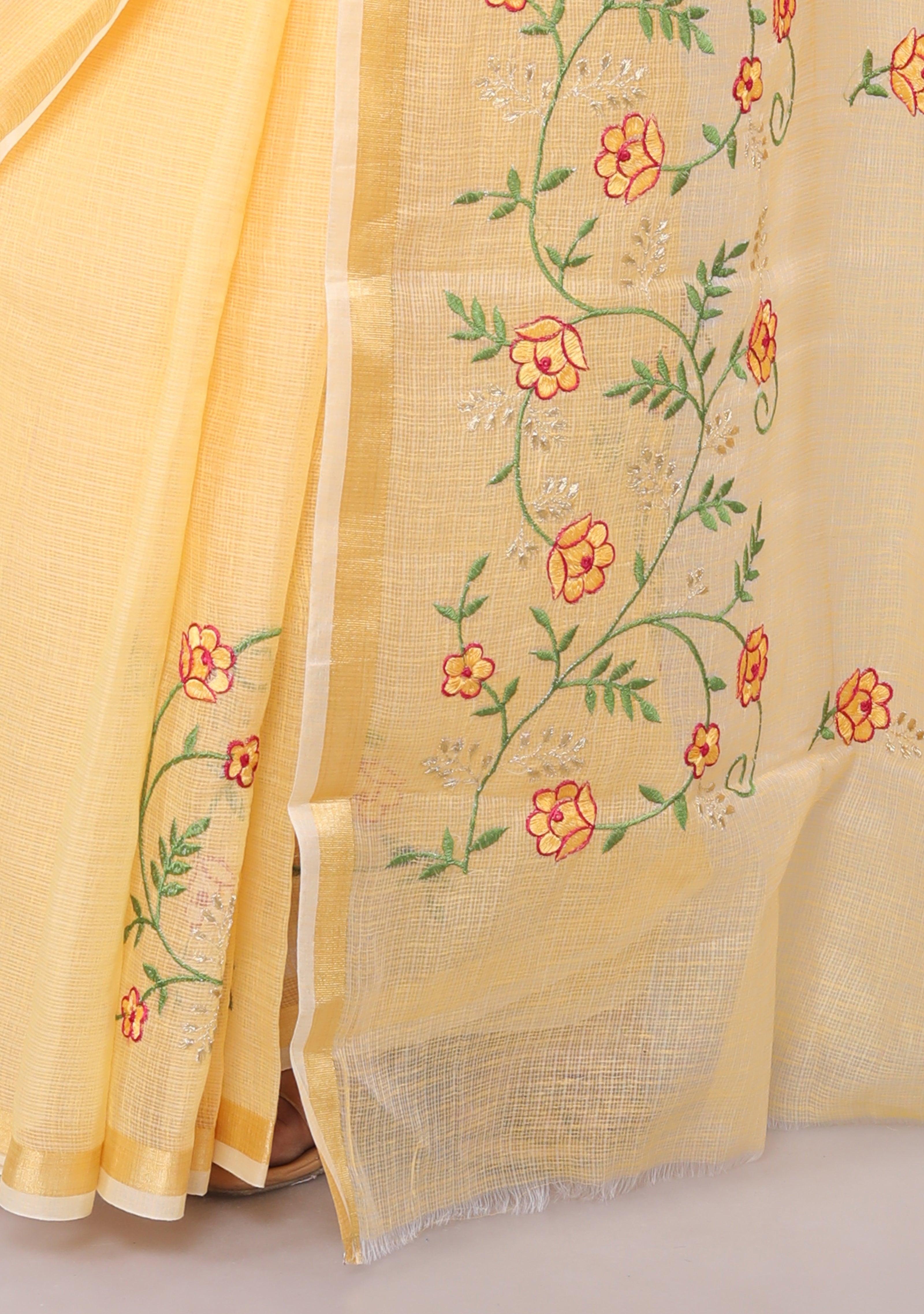 RAJGLOBAL Self Design Embroidered Kota Doria Cotton Blend Saree with Unstitched Blouse light yellow