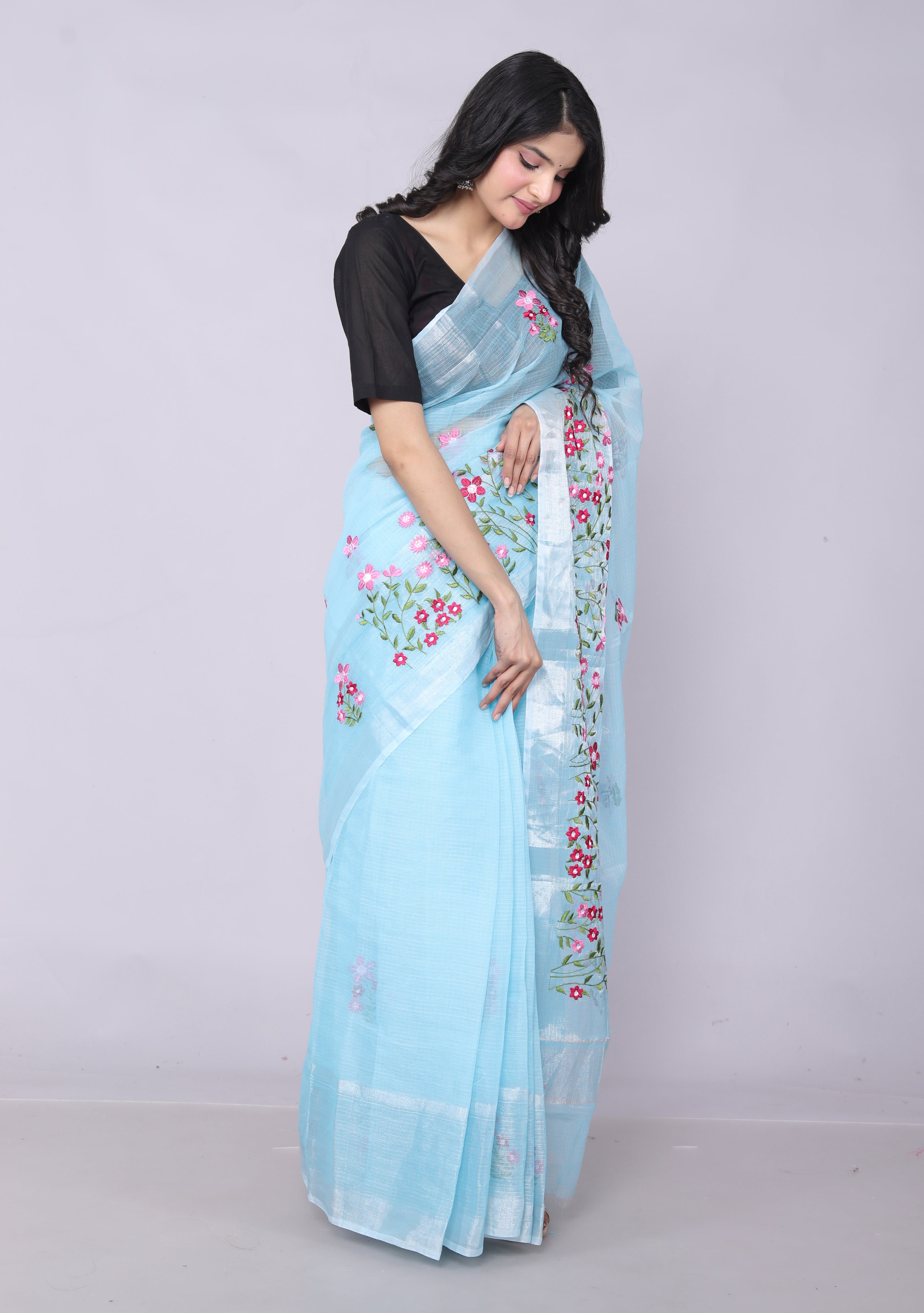 RAJGLOBAL Self Design Embroidered Kota Doria Cotton Blend Saree with Unstitched Blouse skyblue design 11