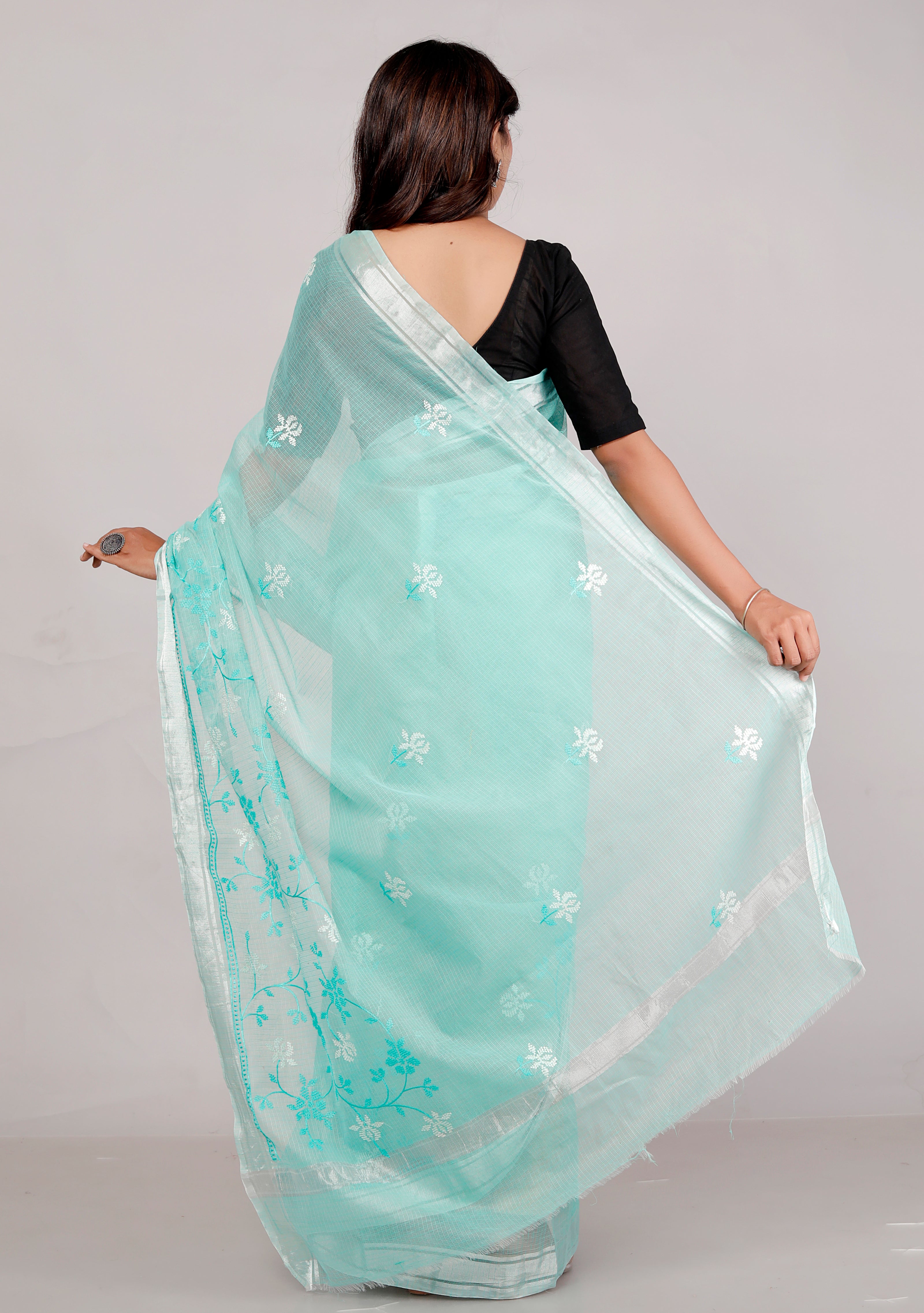 RAJGLOBAL Self Design Embroidered Kota Doria Cotton Blend Saree with Unstitched Blouse firoji white