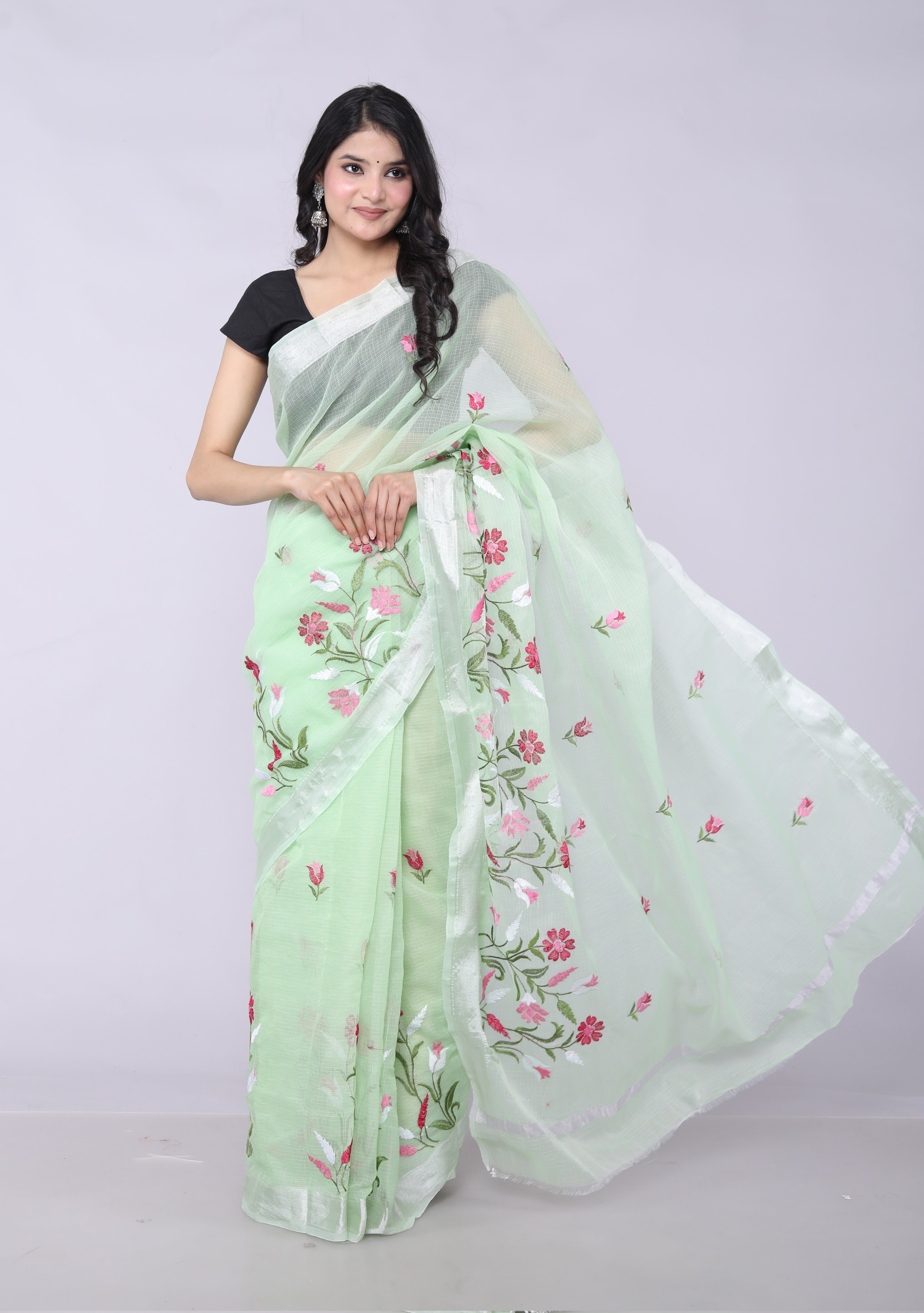 RAJGLOBAL Self Design Embroidered Kota Doria Cotton Blend Saree with Unstitched Blouse light green