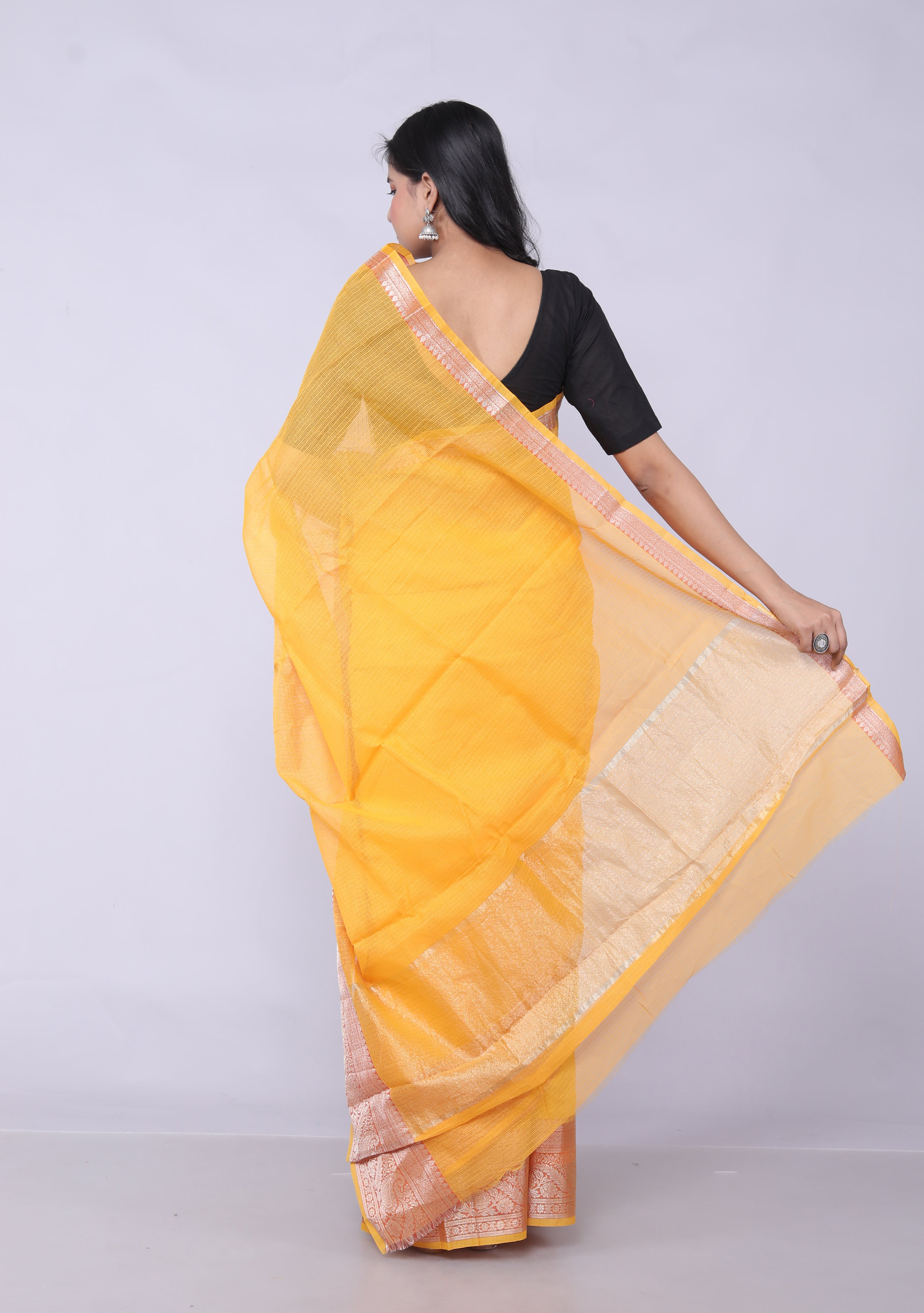 RAJGLOBAL Kota Doria Broad Zari Cotton Blend Saree with Unstitched Blouse Yellow