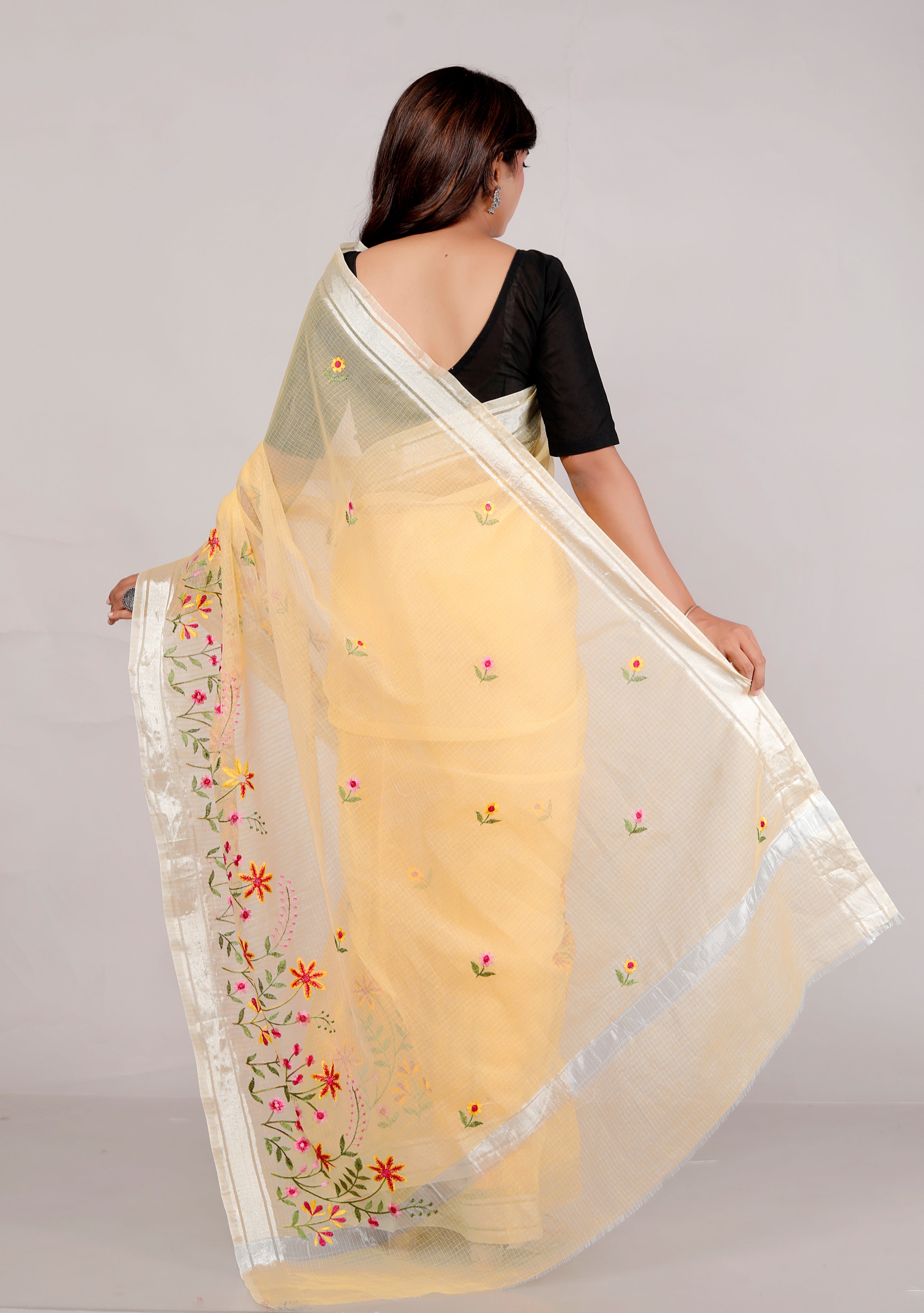 RAJGLOBAL Self Design Embroidered Kota Doria Cotton Blend Saree with Unstitched Blouse yellow red